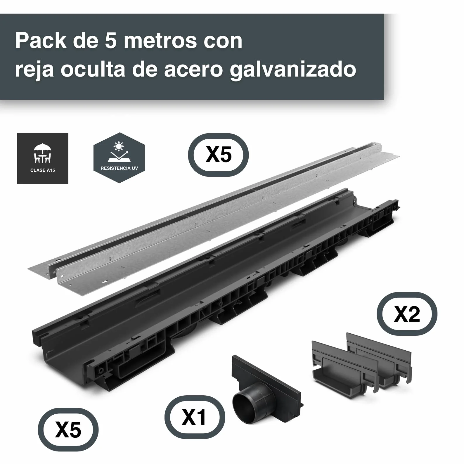 Canaleta de Drenaje de Plástico con Rejilla de Acero Galvanizado Kit 5 Metros para Jardín y Terraza