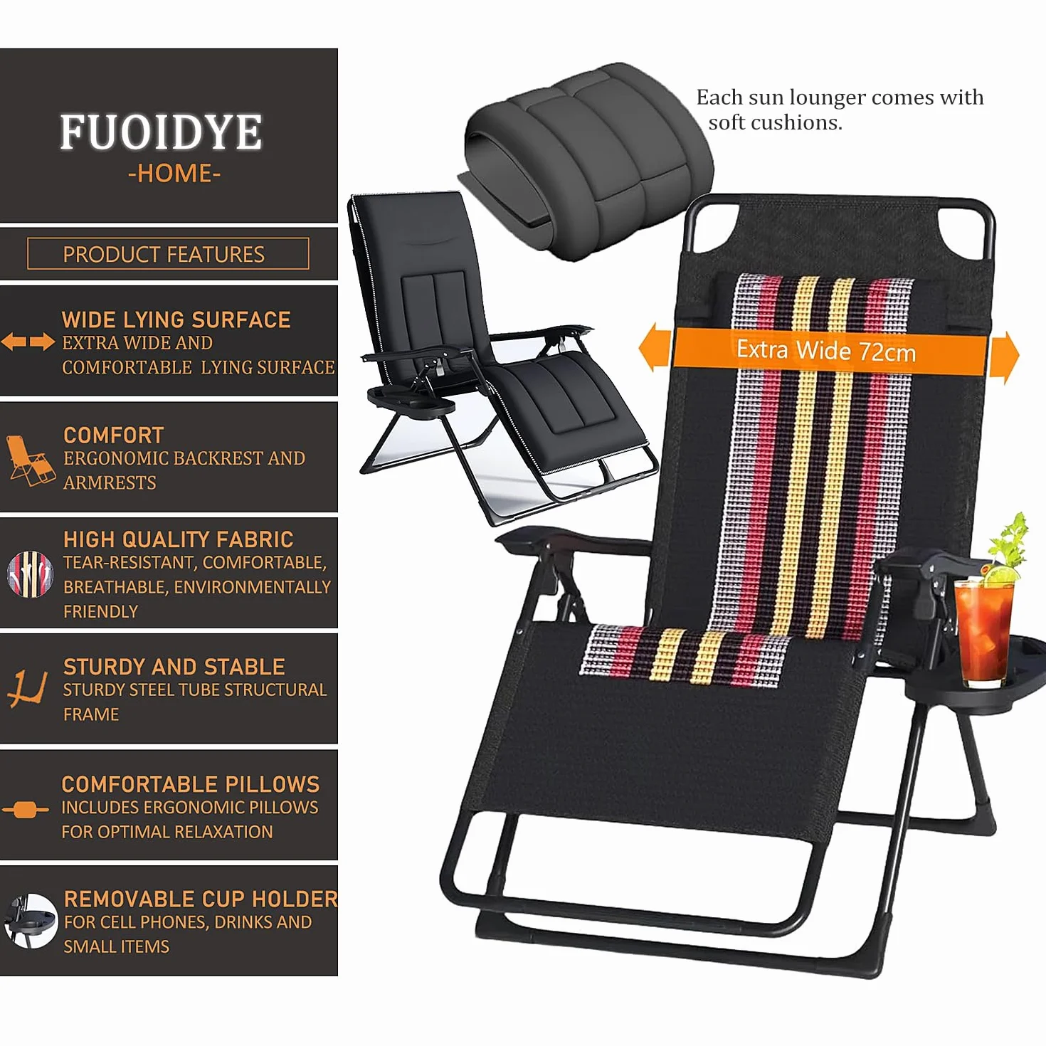 Tumbonas Plegables con Cojin, Silla Gravedad Cero, Interior Oficina Tumbona Jardin Exterior, Silla Tumbona Plegable con Portavasos - Respaldo Ajustable para Terraza Balcón Playa (Marrón 1)