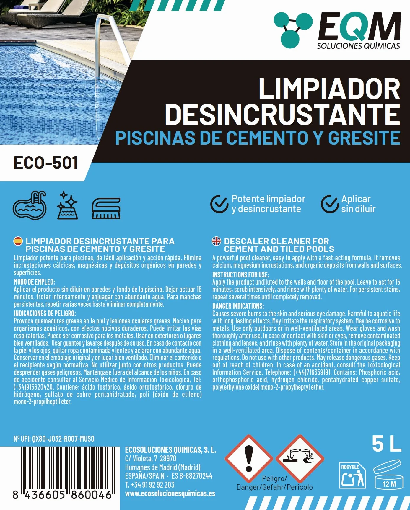 EQM ECO-501 Limpiador Desincrustante Piscinas Cemento-Gresite 5L