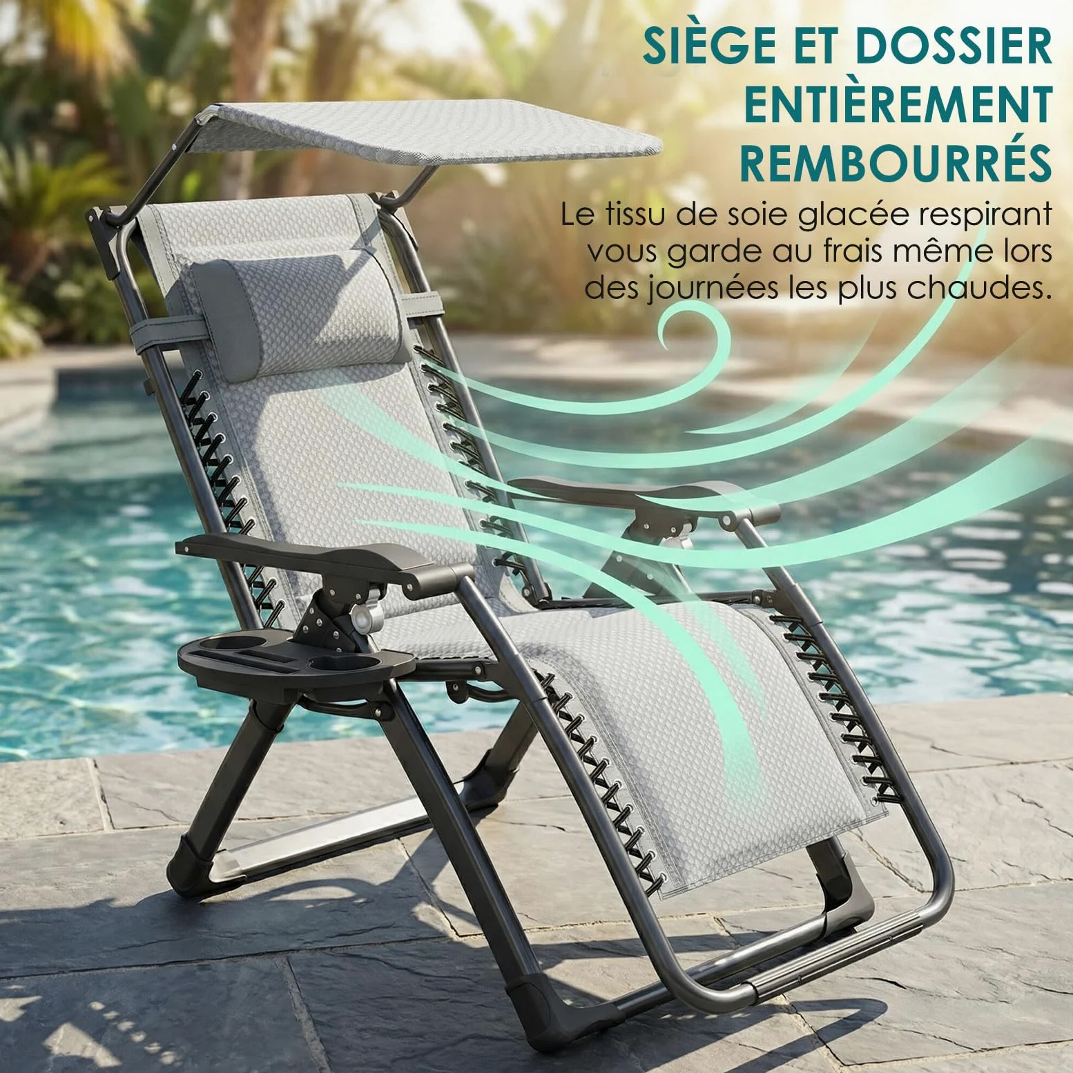 ATORPOK acolchado Zero Gravity Lounge Chair – Inclinación de Patio Plegable con toldo ajustable, reposacabezas y portalámparas para patio trasero, borde de piscina y playa (Gris)