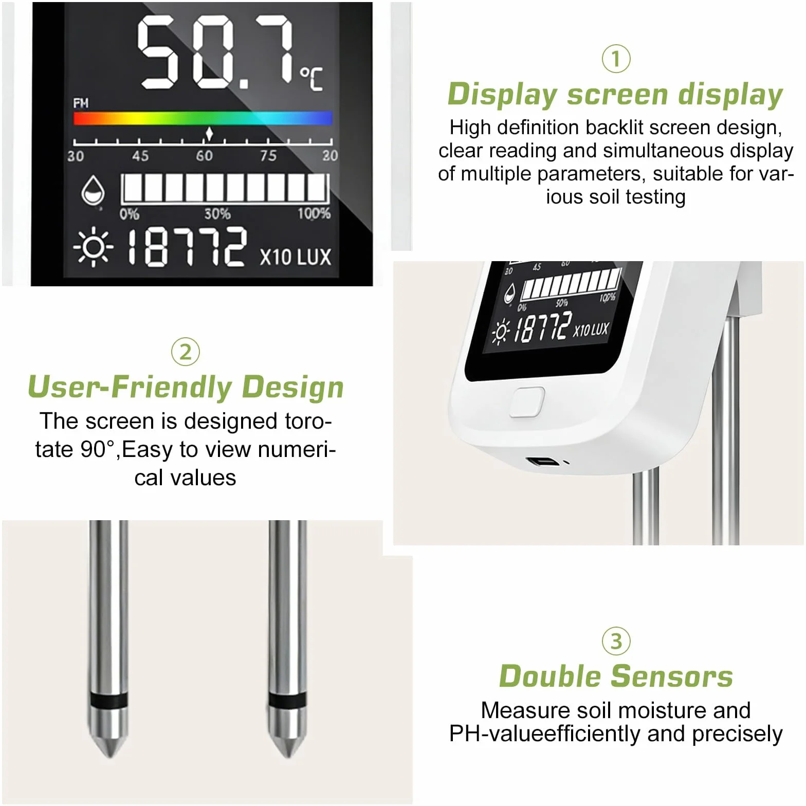 Medidor de pH de tierra 6 en 1, medidor de humedad digital para suelo con PH, temperatura, humedad, luz, fertilidad para jardín