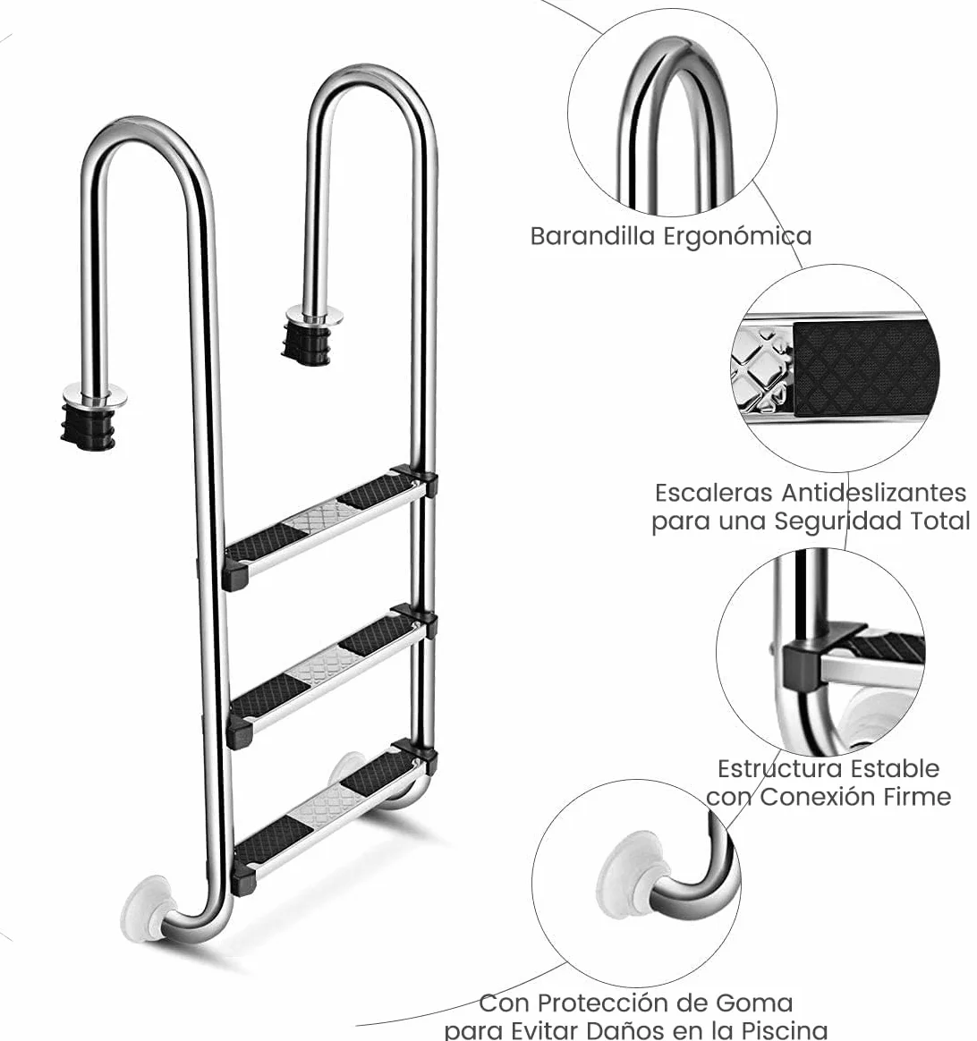 RELAX4LIFE Escalera de Piscina Acero Inoxidable 3 Peldaños Antideslizantes Desmontable 150kg 55x25x132,5cm