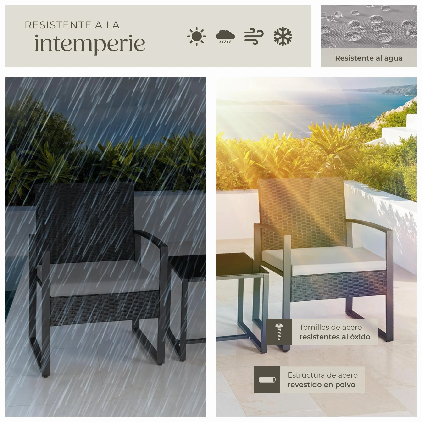 TecTake® Conjunto Jardín Exterior para 2 Personas, Muebles de Jardin 2 Sillas Ratán con Cojines y Mesa Terraza con Tablero Vidrio de Seguridad, Fundas Extraíbles, Robusto y Resistente a la Intemperie
