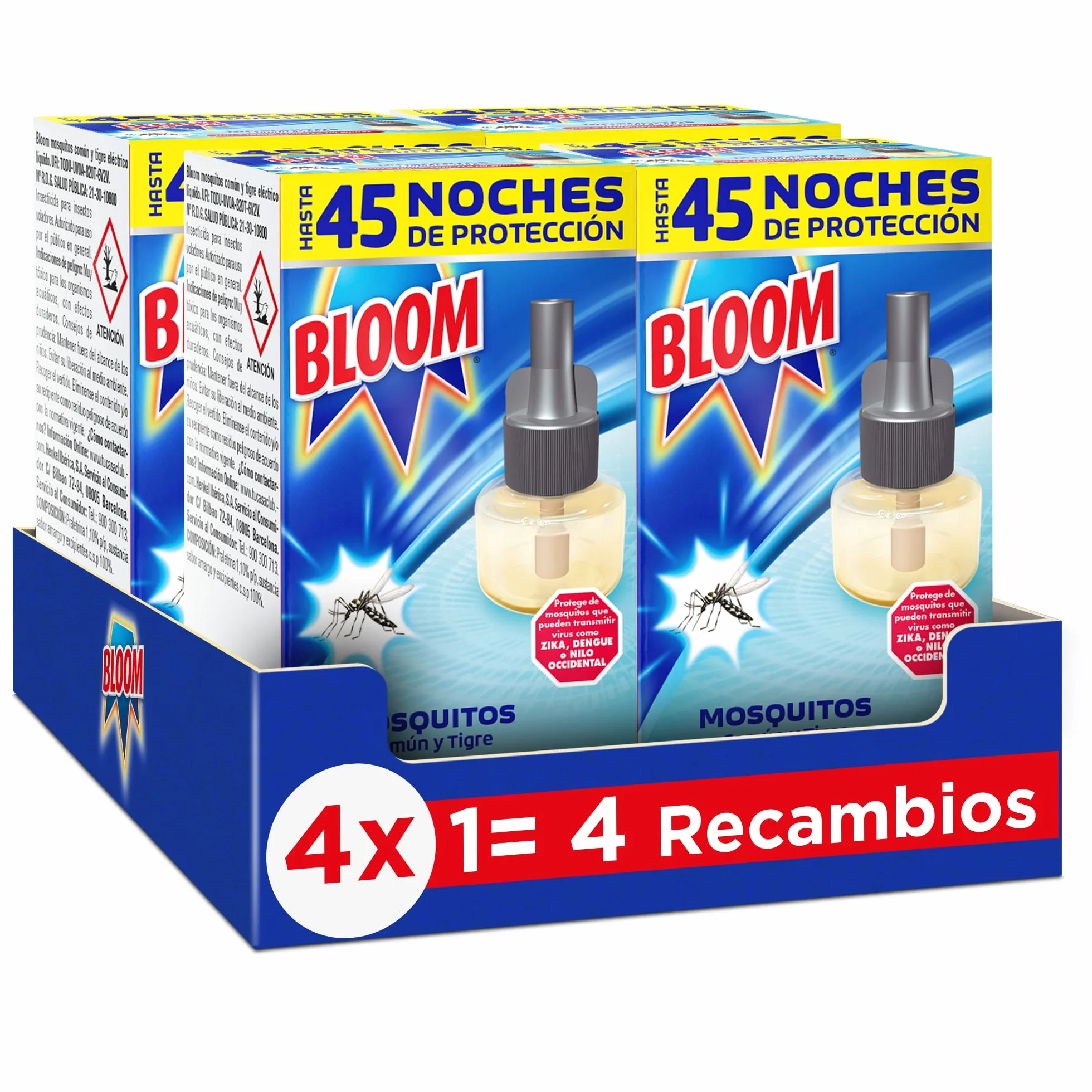 Bloom Líquido Recambio Pack 4 Insecticida Eléctrico Antimosquitos Mosquitos Común Tigre Fórmula Concentrada Sin Perfume