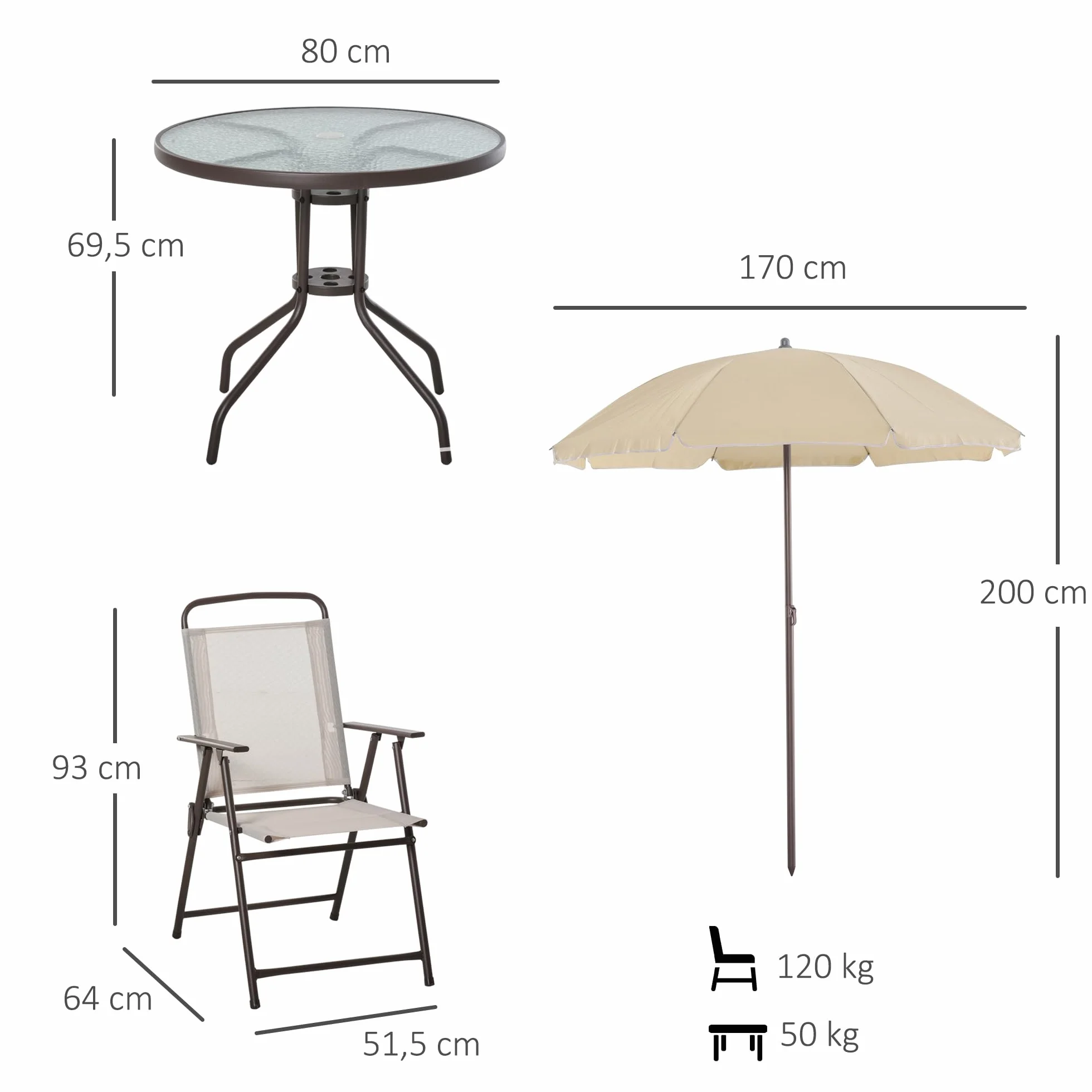 Outsunny Conjunto de Muebles para Jardín con 4 Sillas 1 Mesa y 1 Parasol Texteline Aluminio y Poliéster Beige