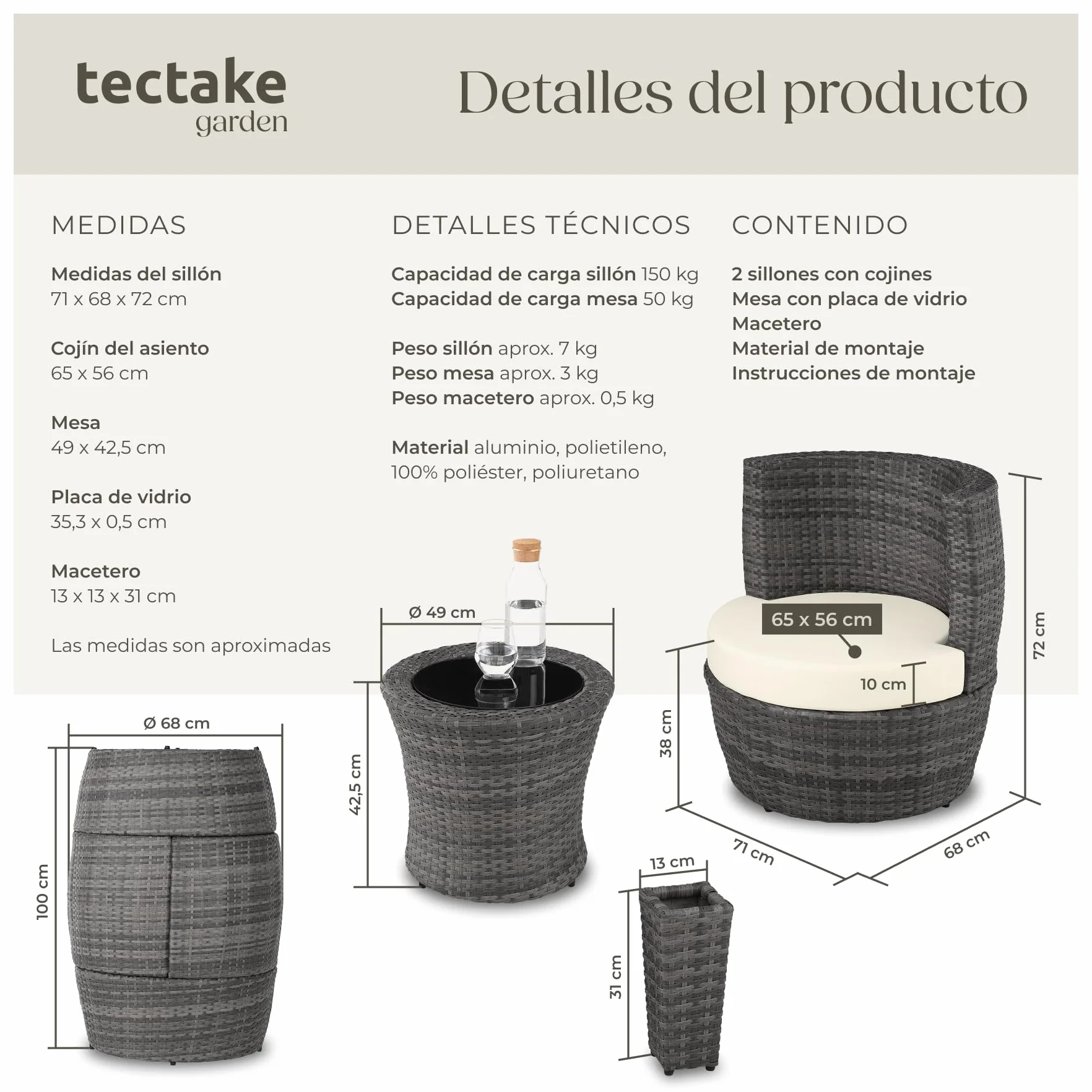 tectake® Conjunto Jardín Exterior de Ratán y Aluminio, Muebles Jardín Exterior Resistente a la Intemperie, 2 Sillas con Cojines, Mesa Cristal, Compacto, Asas en Respaldo Compacto - Gris