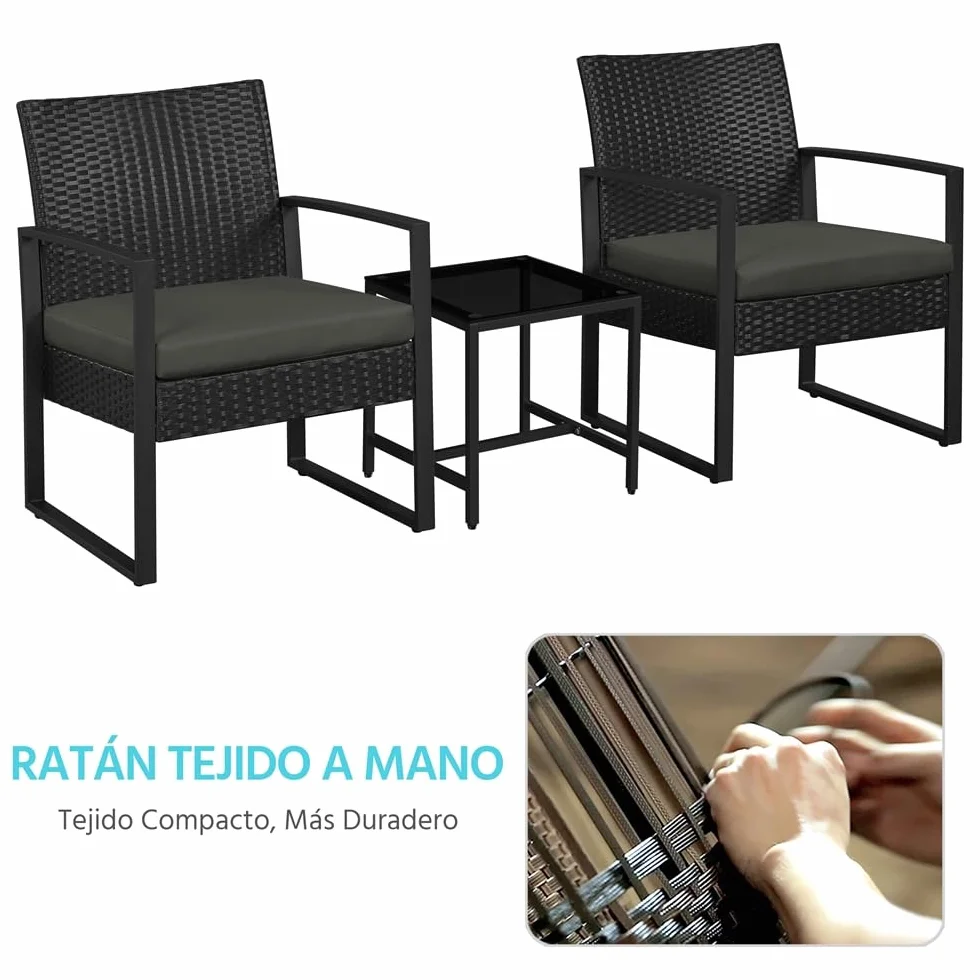 Yaheetech Conjunto de Mesa y Sillas Exterior Juego de Muebles Jardín Ratán Impermeable Negro Gris