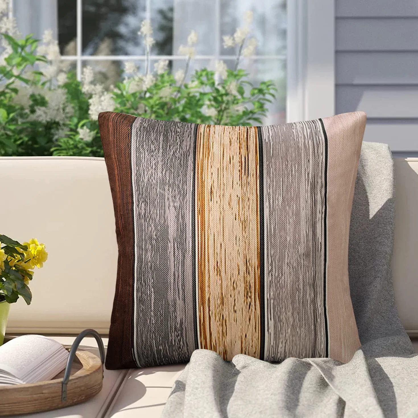 Fundas de Almohada 45x45 Exterior Impermeable Poliéster Marrón Gris Textura Madera Juego de 2