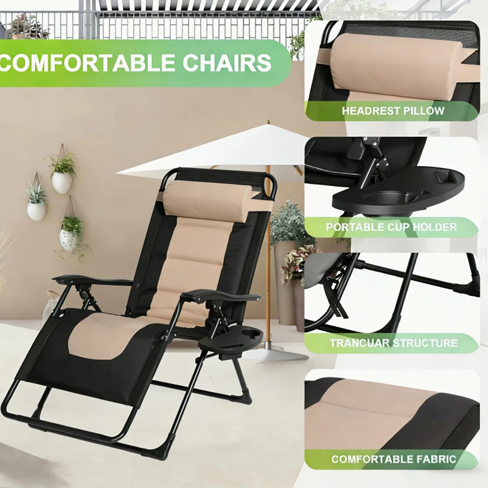Silla Reclinable Plegable, Ajustable Silla de Gravedad Cero, Tumbonas Jardin Exteriorcon Reposacabezas y Almohadilla, para Jardín, Acero, Piscina, Terraza, Cómoda y Resistente, Carga de 150 kg