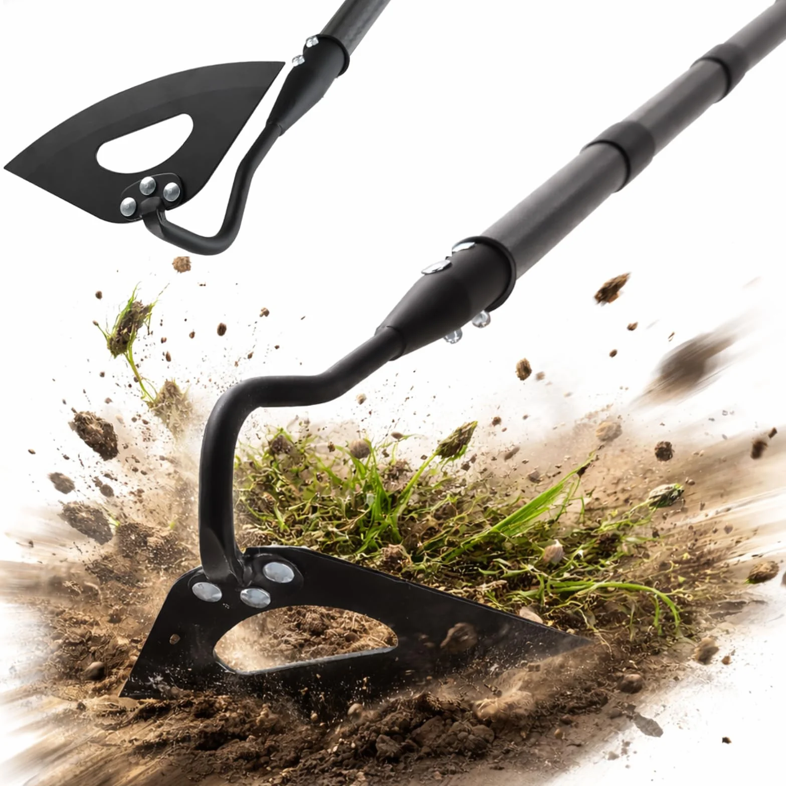 Azada hueca de jardín, azadas triangulares resistentes para jardinería, mango largo ajustable de 55 pulgadas, herramienta de deshierbe manual de hoja afilada para huertos, macizos de