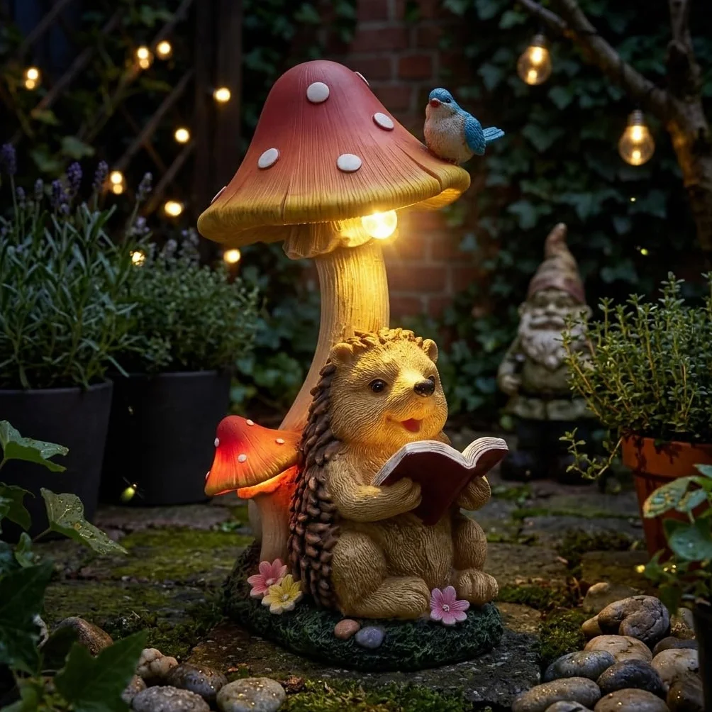 Figurilla de Erizo y Setas de Resina con Luz Solar, Decoración de Exterior para Jardín, Camino y Césped