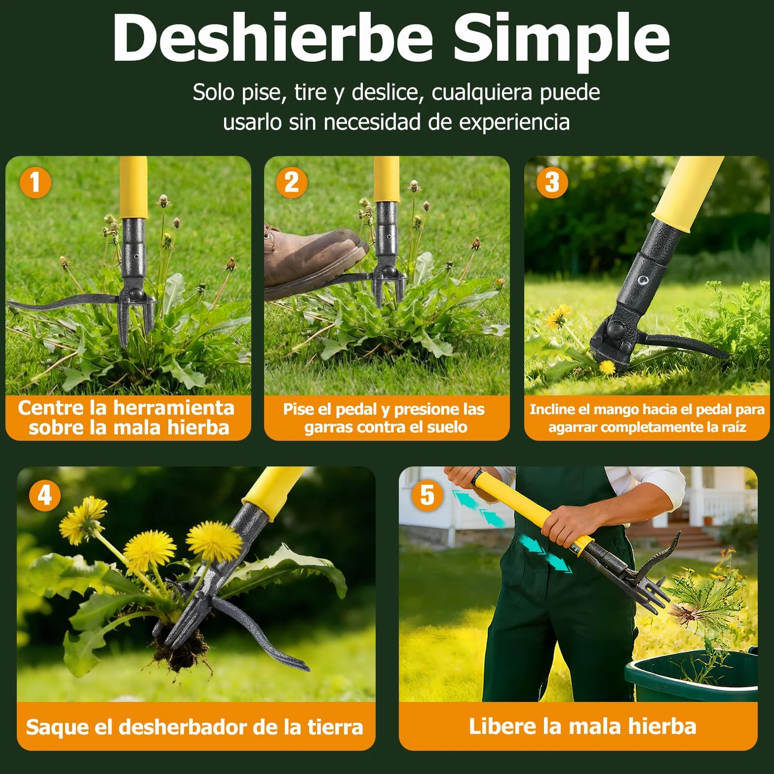 Desherbador Manual Extractor de Malas Hierbas 109 cm Mango Largo 4 Garras Extractor de Raíces