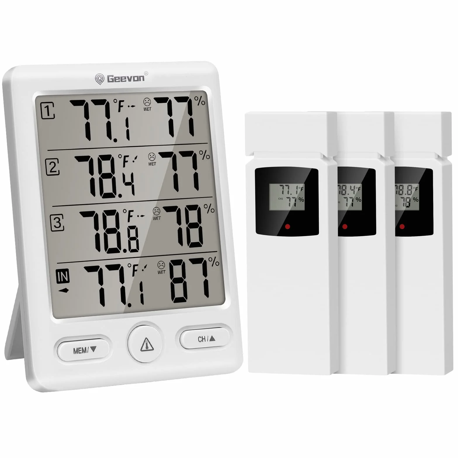 Geevon Termómetro inalámbrico interiores exteriores con 3 sensores remotos higrómetro digital rango 60 m