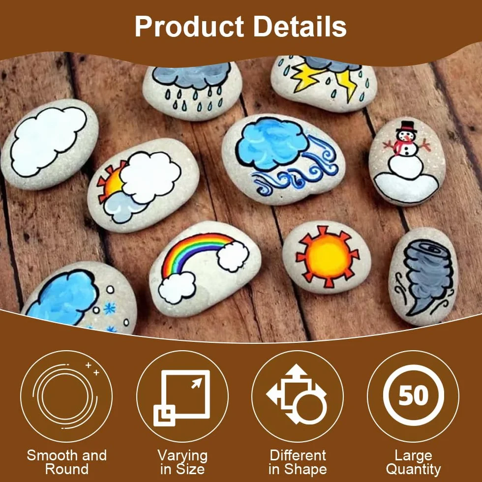 Piedras para Pintar de Roca, 50 Piezas, 1-3cm y 3-5cm, Guijarros de Playa, Manualidades, Decoración de Jardín