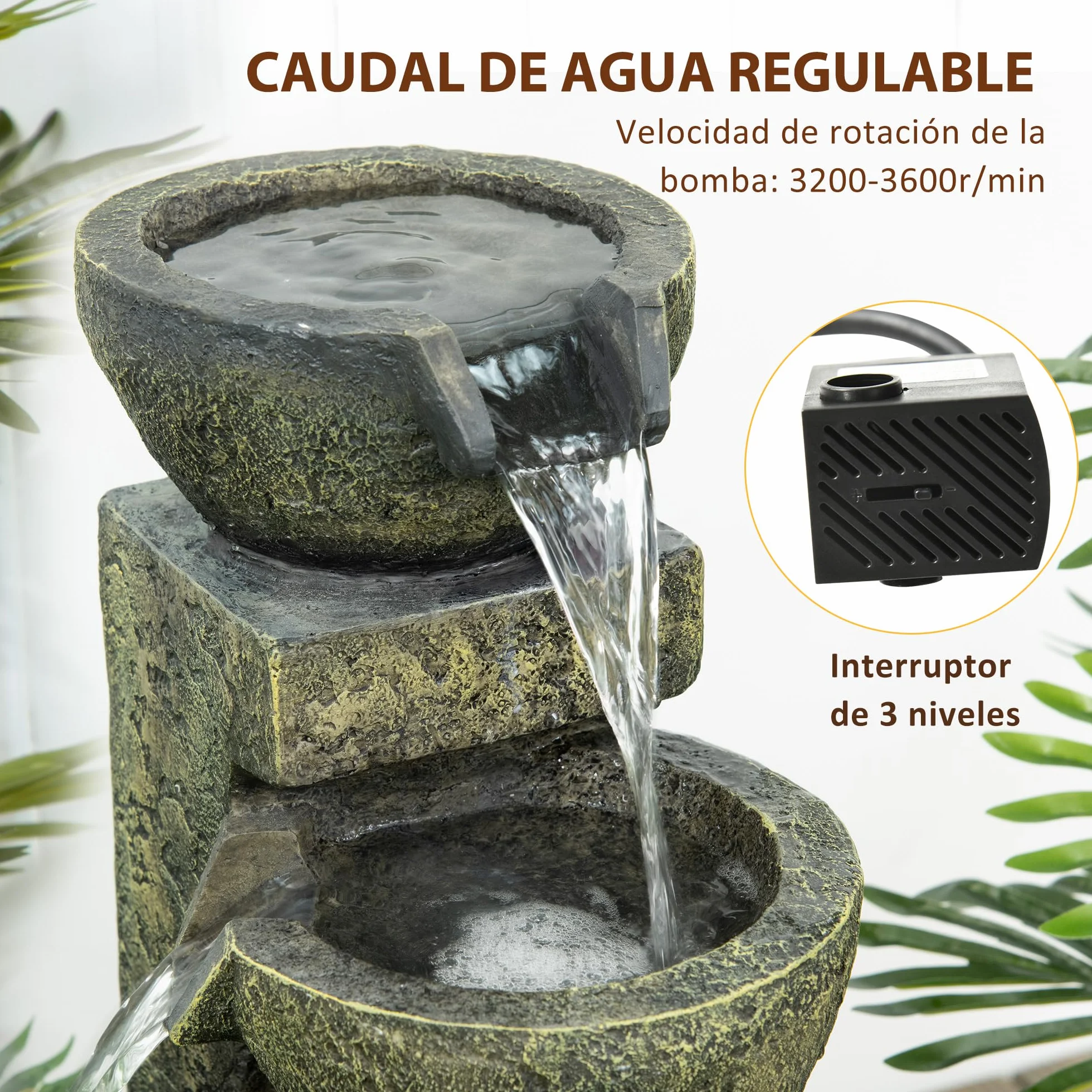 Outsunny Fuente de Jardín 5W Fuente de Agua en Cascada de 4 Niveles con Bomba de Agua y Salida de Agua Ajustable para Decoración Patio 25x24x60 cm Multicolor