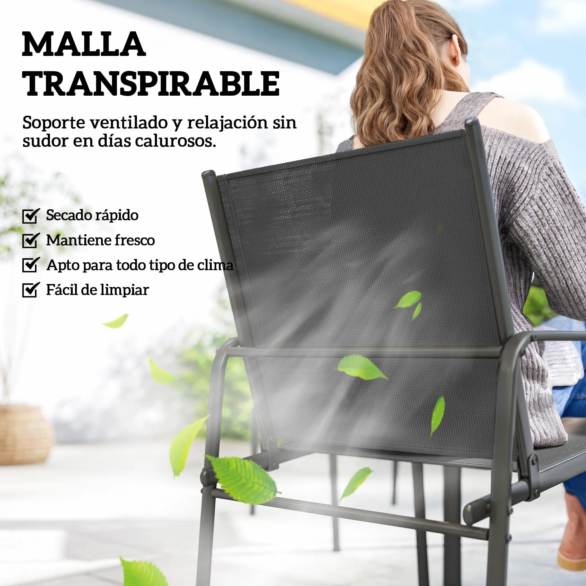 Outsunny Conjunto de Mesa y Sillas Jardín de 7 Piezas, Muebles de Jardín Exterior con Mesa de Efecto Madera y 6 Sillas con Asiento Transpirable, Marco de Acero Galvanizado, para Terraza, Patio, Negro