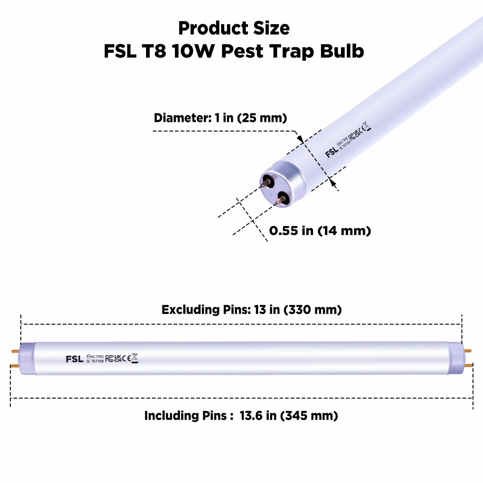 FSL BL T8 F10W Bombillas para Matamoscas 345mm 13 Pulgadas Lámparas de Repuesto 20W Luz Negra 365nm