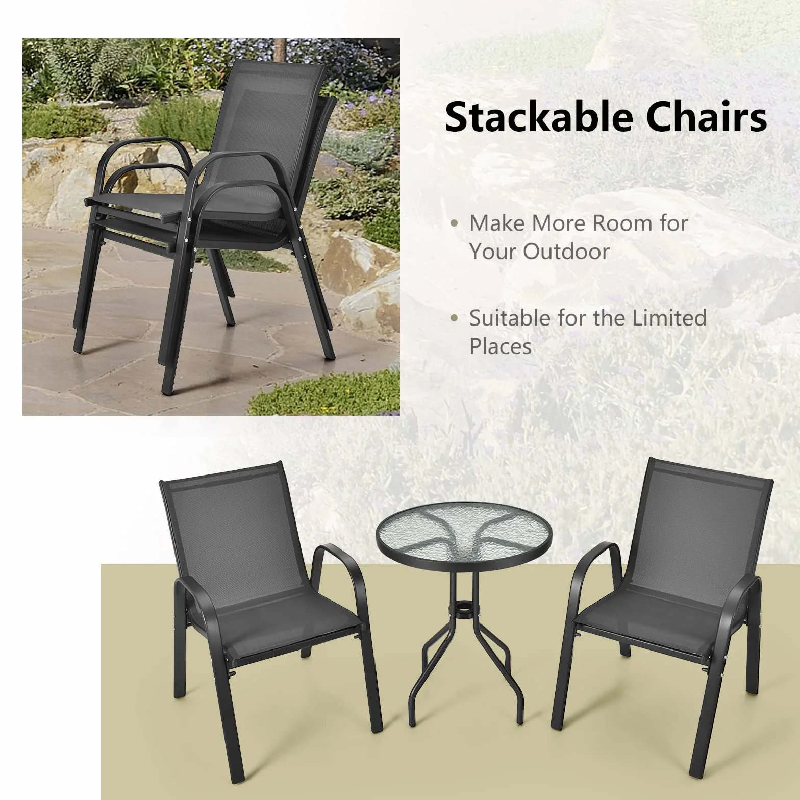 GIANTEX Conjunto de Muebles de Jardín 3 Piezas, Sillas Apilables, Marco de Metal, Mesa de Café con Tablero de Vidrio, Negro