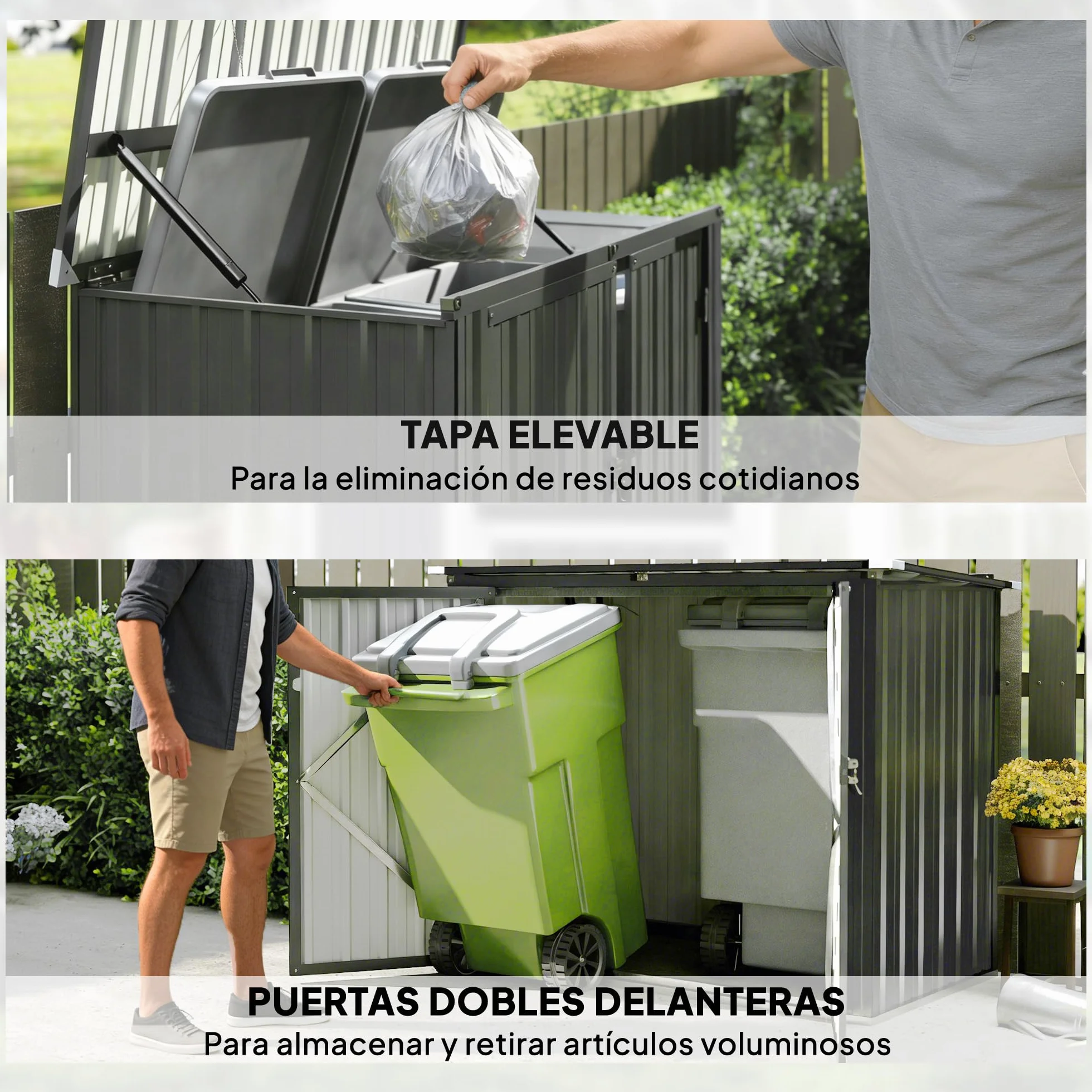 Outsunny Cobertizo para Contenedor de Basura Doble, Caseta para Cubo de 240L, Acero Galvanizado, 150x80x117 cm, Gris Oscuro
