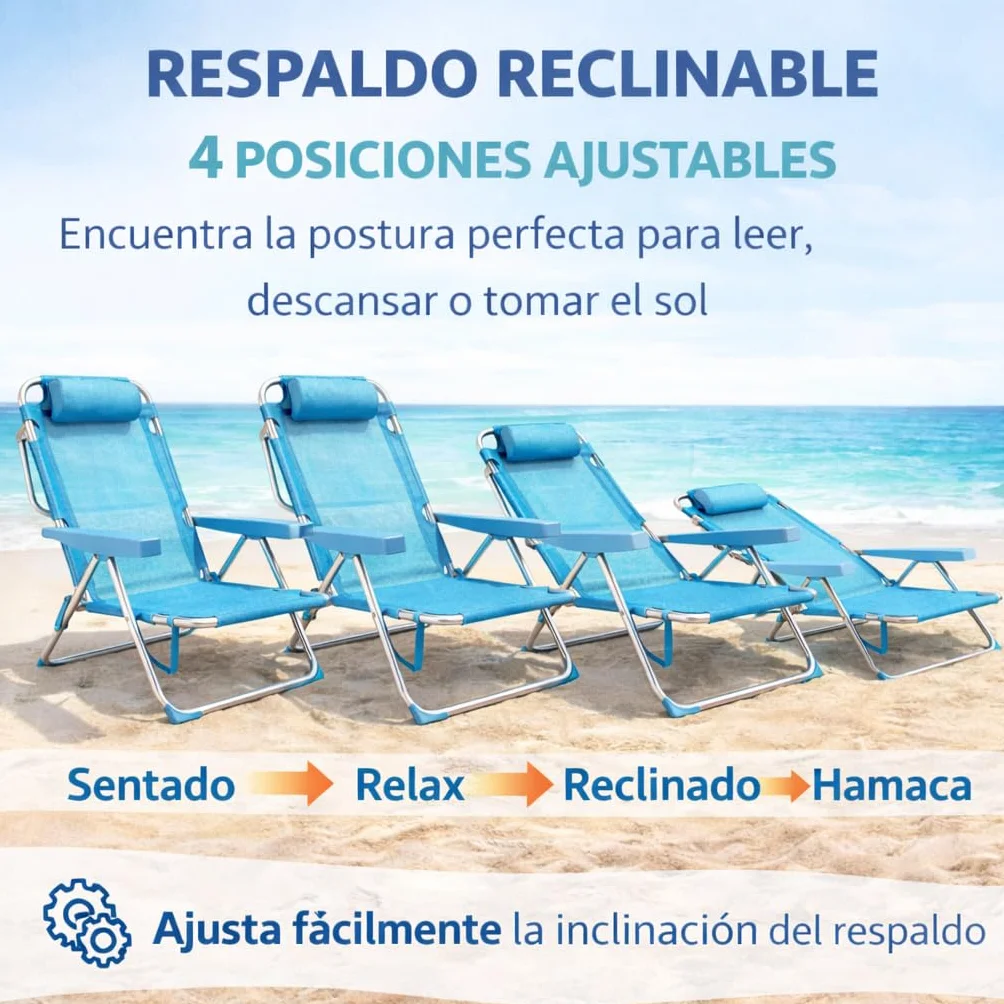 Silla Playa Plegable Metal Tela Textileno 48x62x85 cm Multiposiciones Reclinable Azul Turquesa
