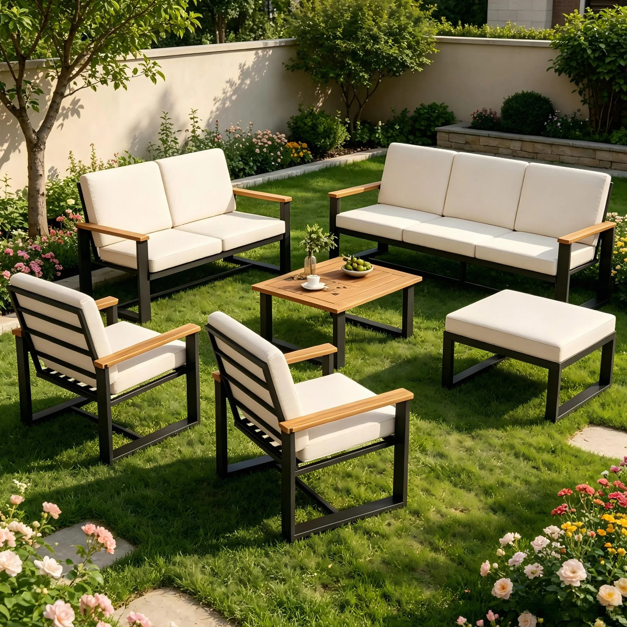 Soweiz Juego de muebles de jardín, 1 sofá de 3 plazas, 1 sofá de 2 plazas, 2 sofás de 1 plaza, mesa de centro y reposapiés, mesa de café y reposapiés, diseño sencillo, acero galvanizado, color beige