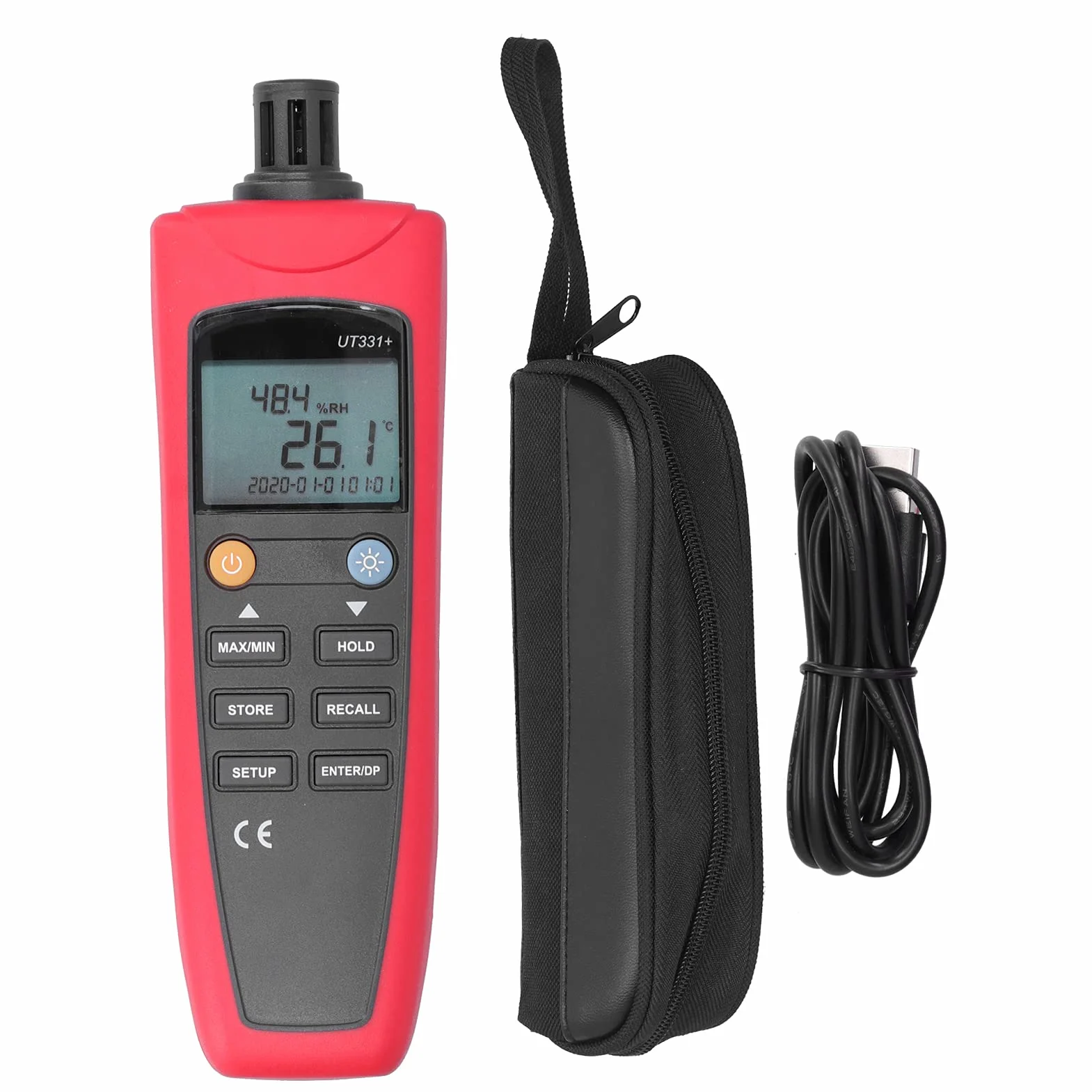 lyrlody Termómetro Digital UT331 Plus Medidor de Humedad y Temperatura ABS Higrómetro de 4 a 158 F con Punto de Rocío Bombilla Húmeda Retención de Datos Exportación USB para Uso en Laboratorio en