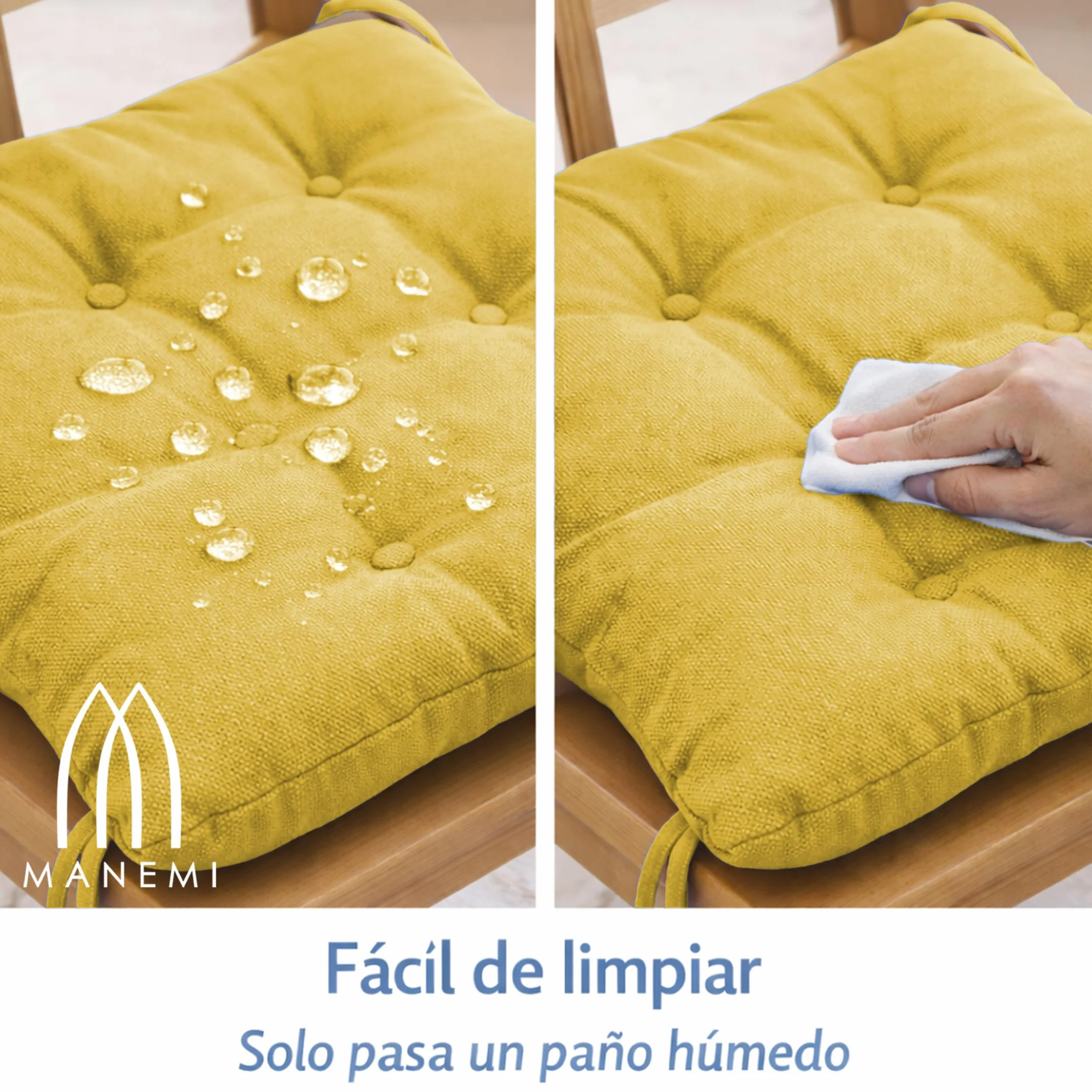 MANEMI Pack 4 Cojín para Silla 45x45x5 cm Repelente al Agua Fácil de Limpiar Cintas de sujeción Interior Exterior