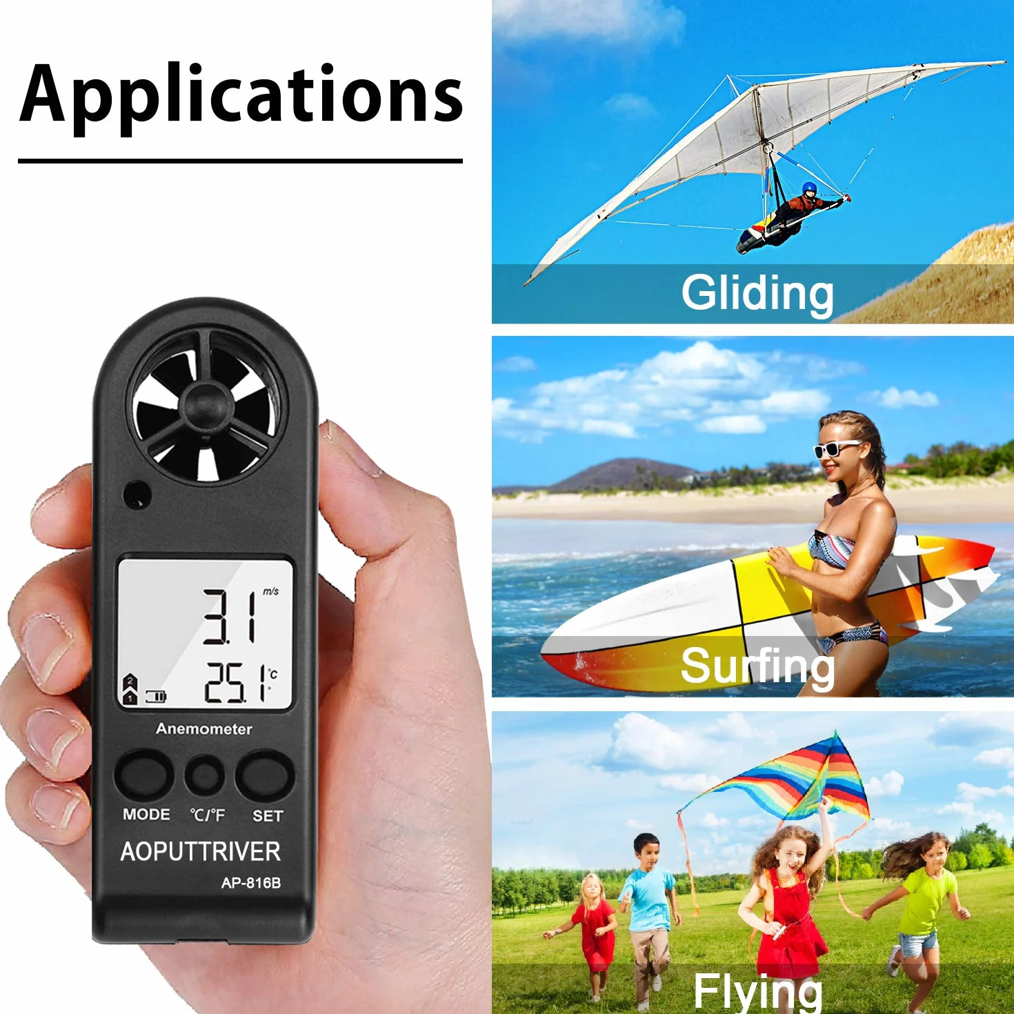 Anemometro Digital AP-816B Medidor de Velocidad Viento LCD con Luz de Fondo