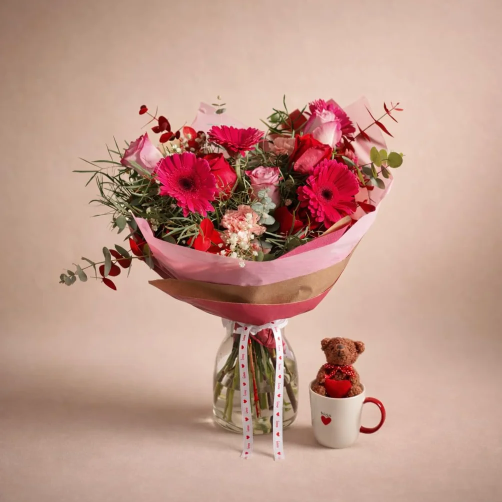 Ramo de Flores Naturales Gerberas con Taza y Peluche Regalo San Valentín
