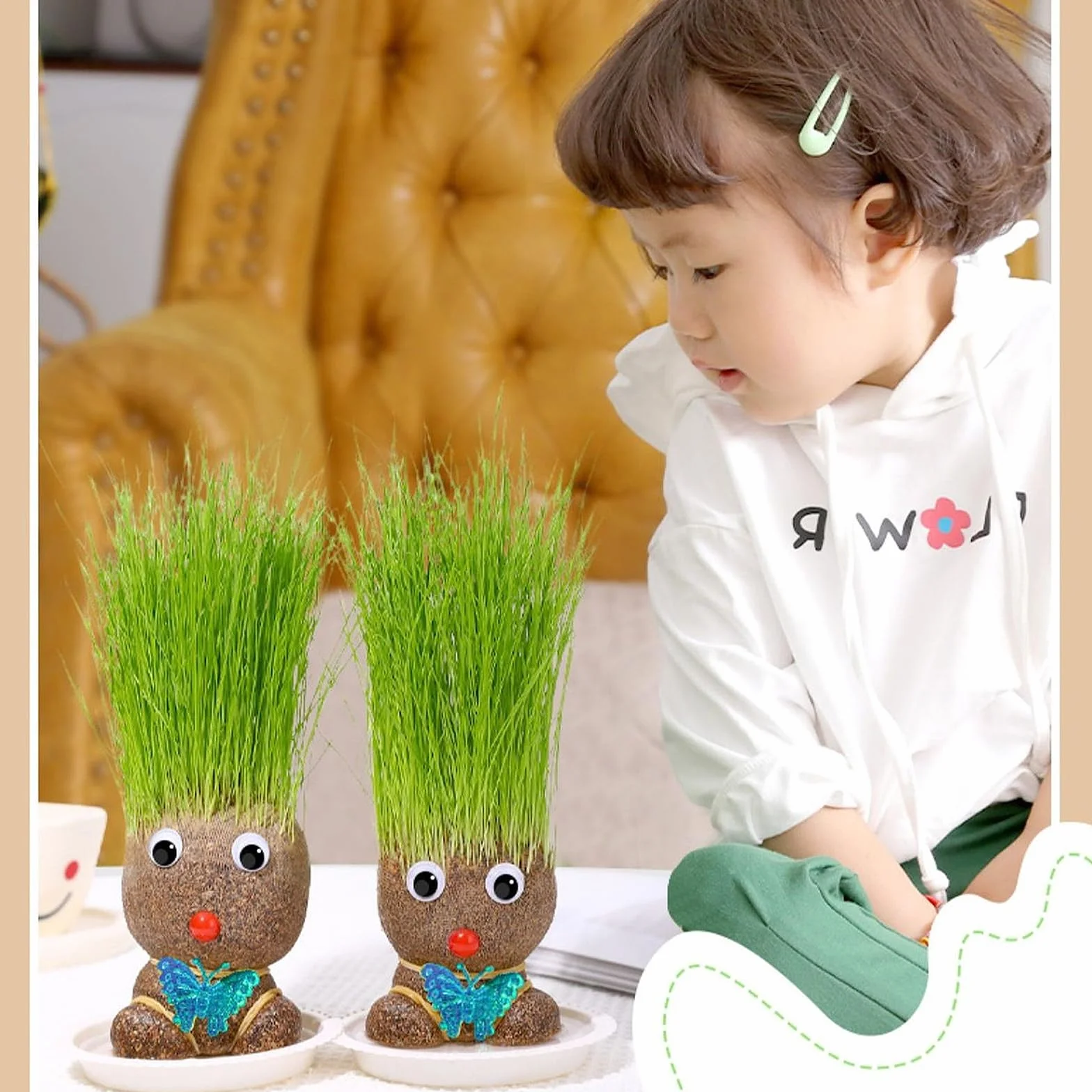 Maceta Cabeza de Muñeca Planta de Hierba con Bandeja, Set de 2, Plantas en Maceta para Niños