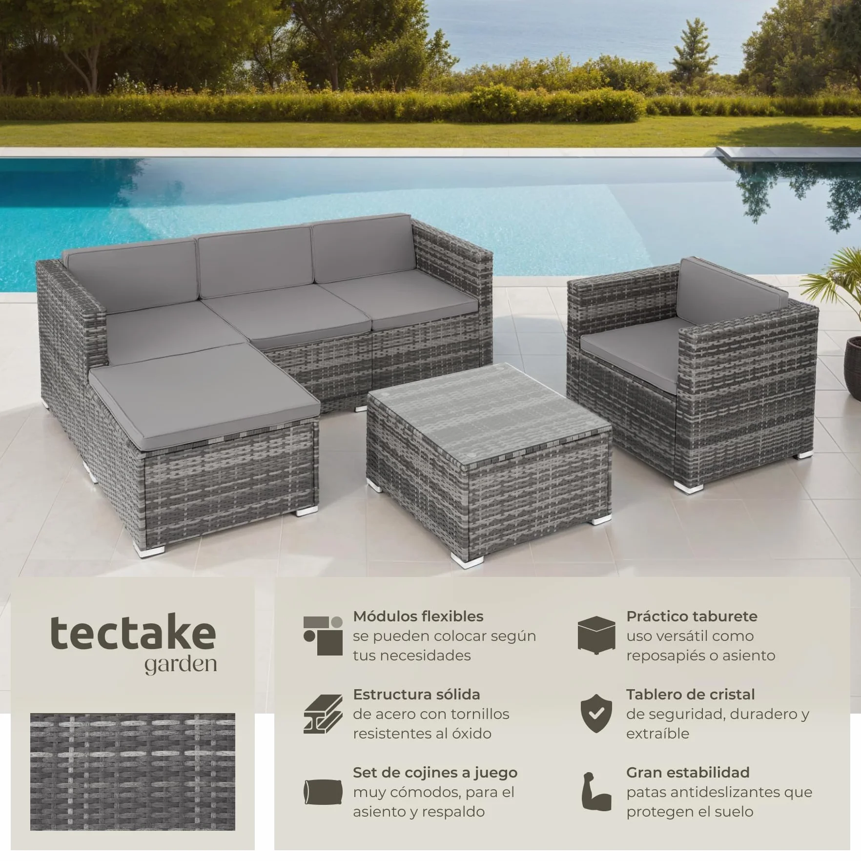 TecTake Conjunto Jardín Ratán Acero 6 Plazas Mesa Cristal Fundas Extraíbles