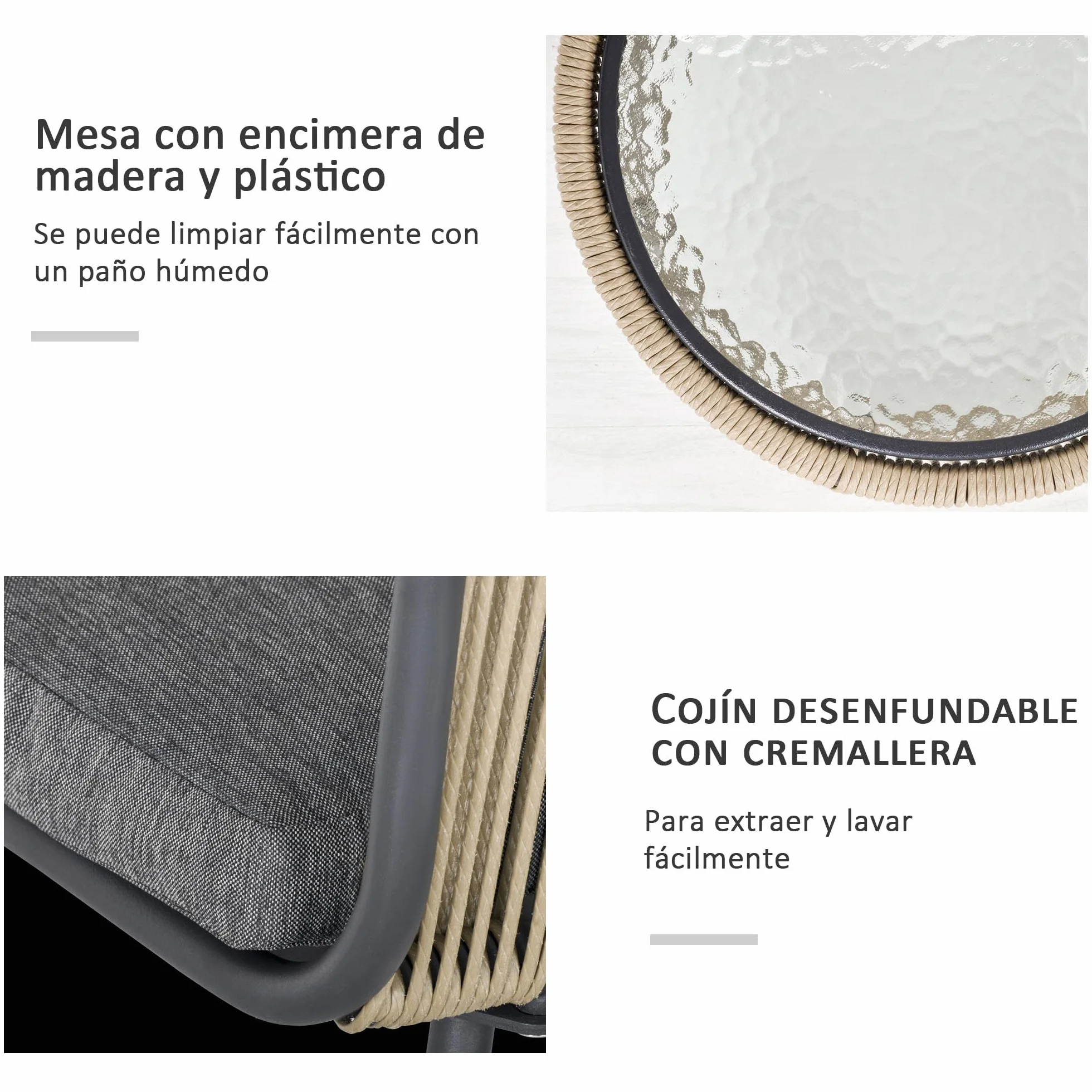 Outsunny Conjunto de Jardín 3 Piezas Silla y Mesa Ratán Cojines Vidrio Balcón Terraza Gris