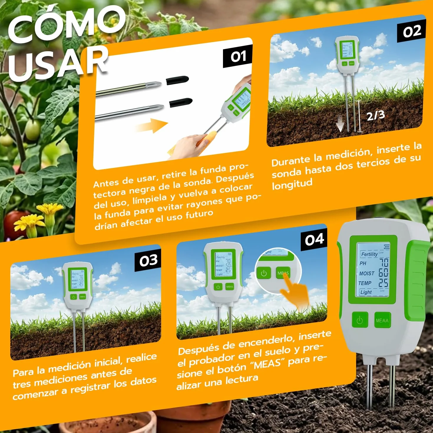 Medidor de Suelo 5 en 1, Higrómetro Digital para Plantas con Pantalla LCD, Humedad, pH, Temperatura, Luz, Fertilidad