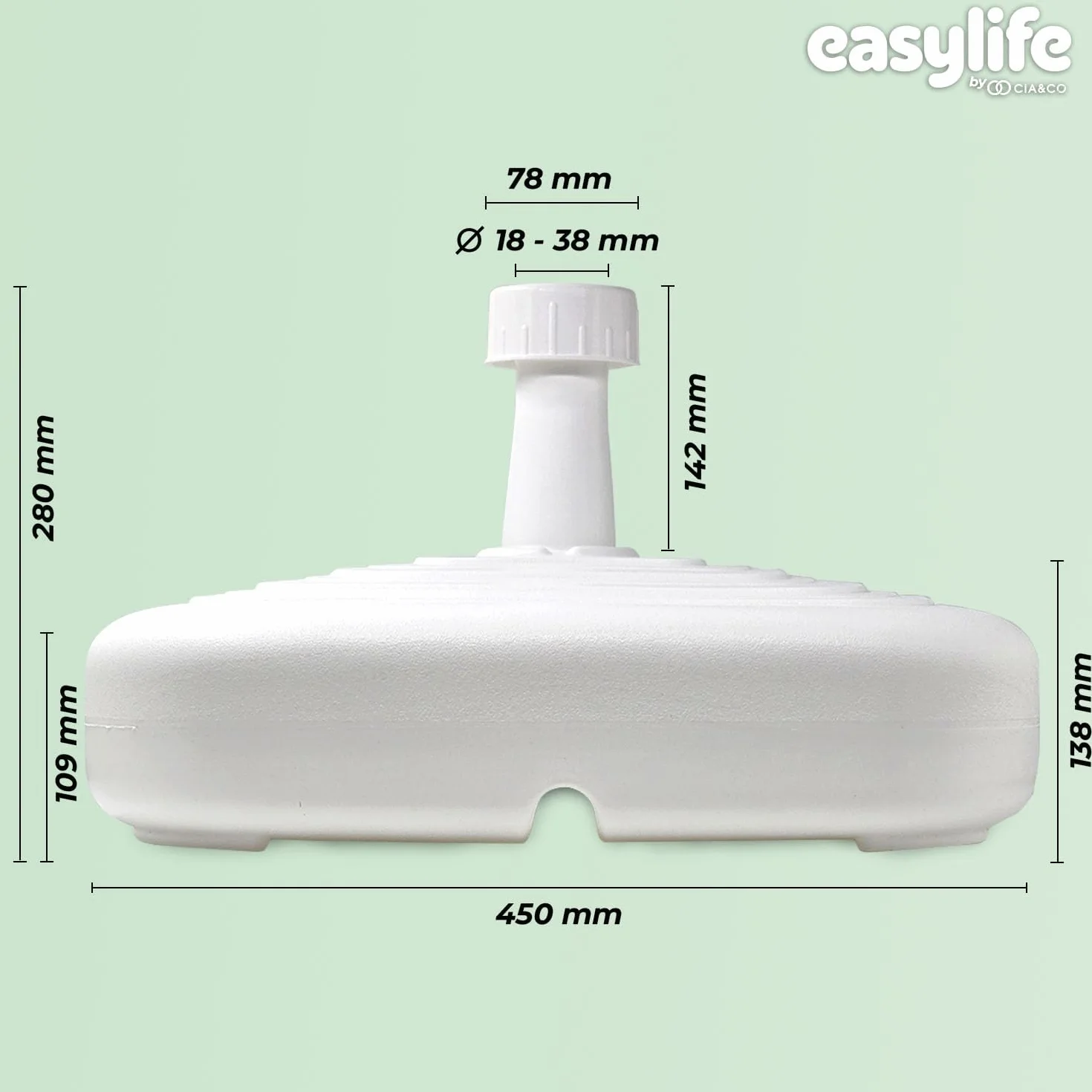 Base de Sombrilla XXL 45x45x14 cm Rellenable 25 kg Rosca Universal Ajustable 18-38 mm Uso Exterior