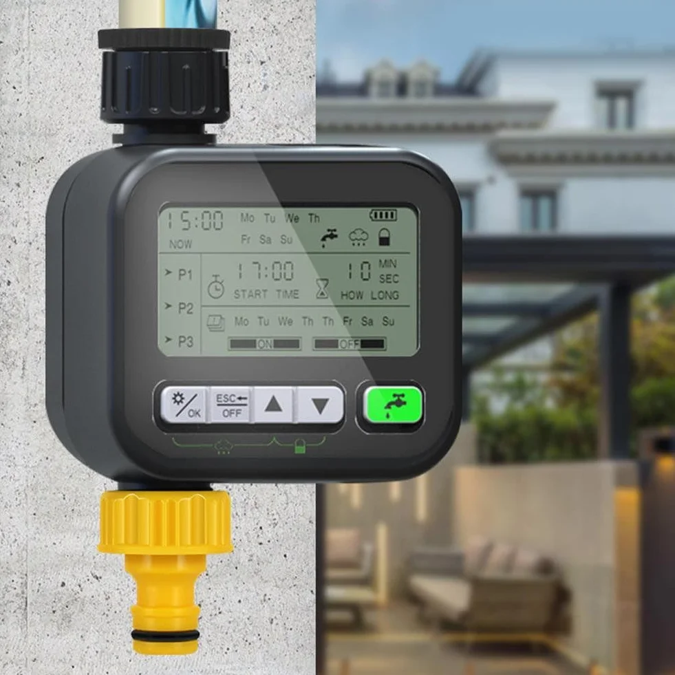 Temporizador de riego de jardín con sensor de lluvia, IPX5 impermeable, pantalla LCD