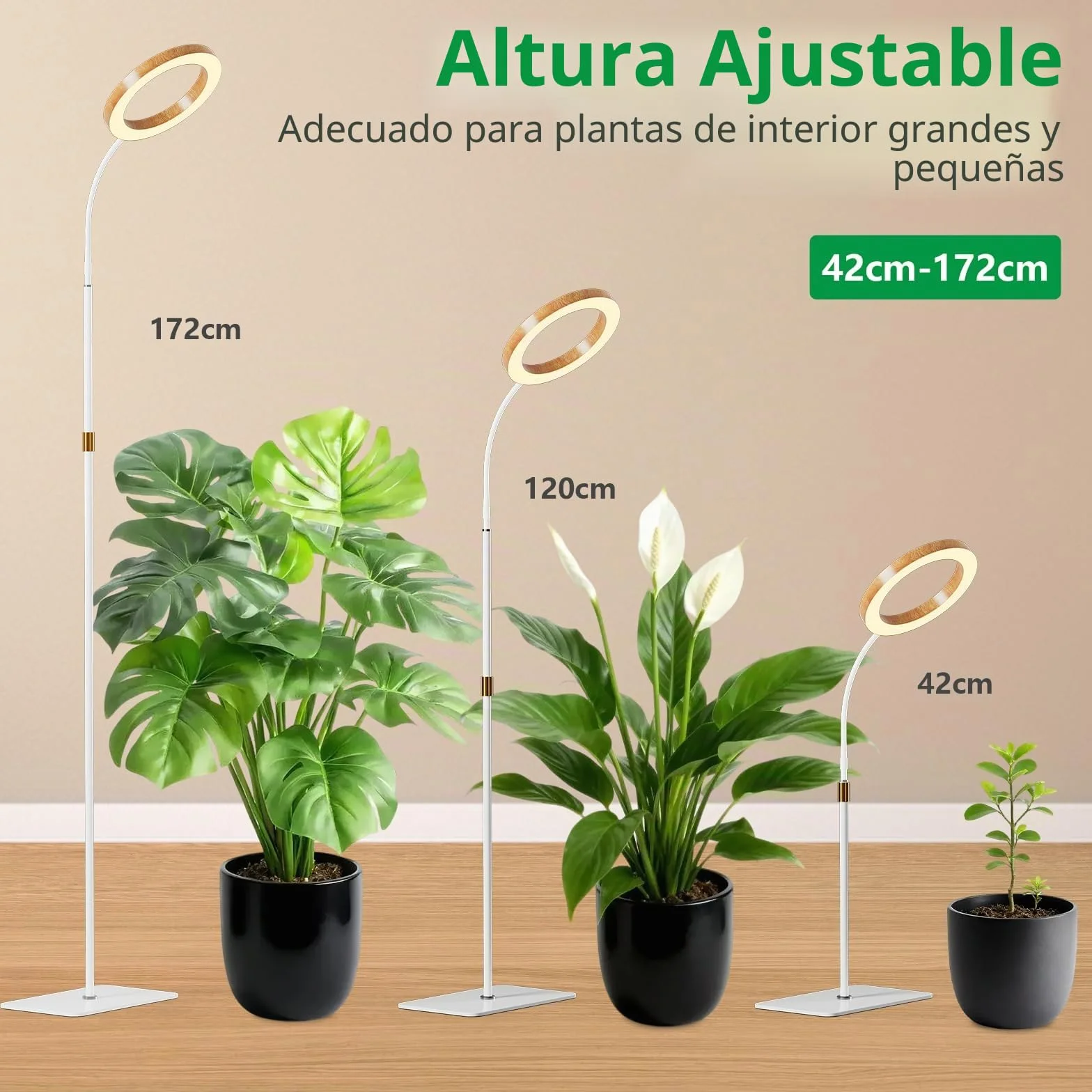 Luz de crecimiento con LED para plantas de interior, lámpara de crecimiento de espectro completo, temporizador de encendido/apagado automático 6/12/18H,42cm~170cm Altura ajustable para plantas grandes