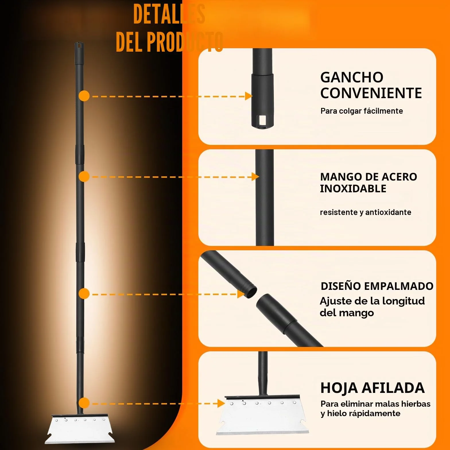 Pala de Jardín Multifuncional 148 cm, Pala Plana de Acero, Raspador para Malas Hierbas y Musgo