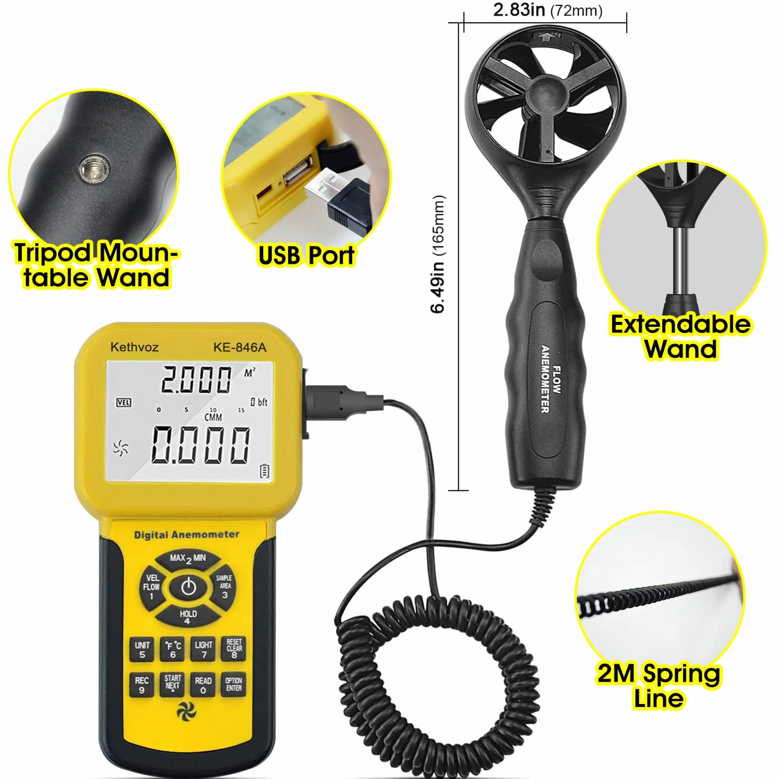 Kethvoz KE-846A Anemometro Digital Portatil Medidor Velocidad Viento con Termometro