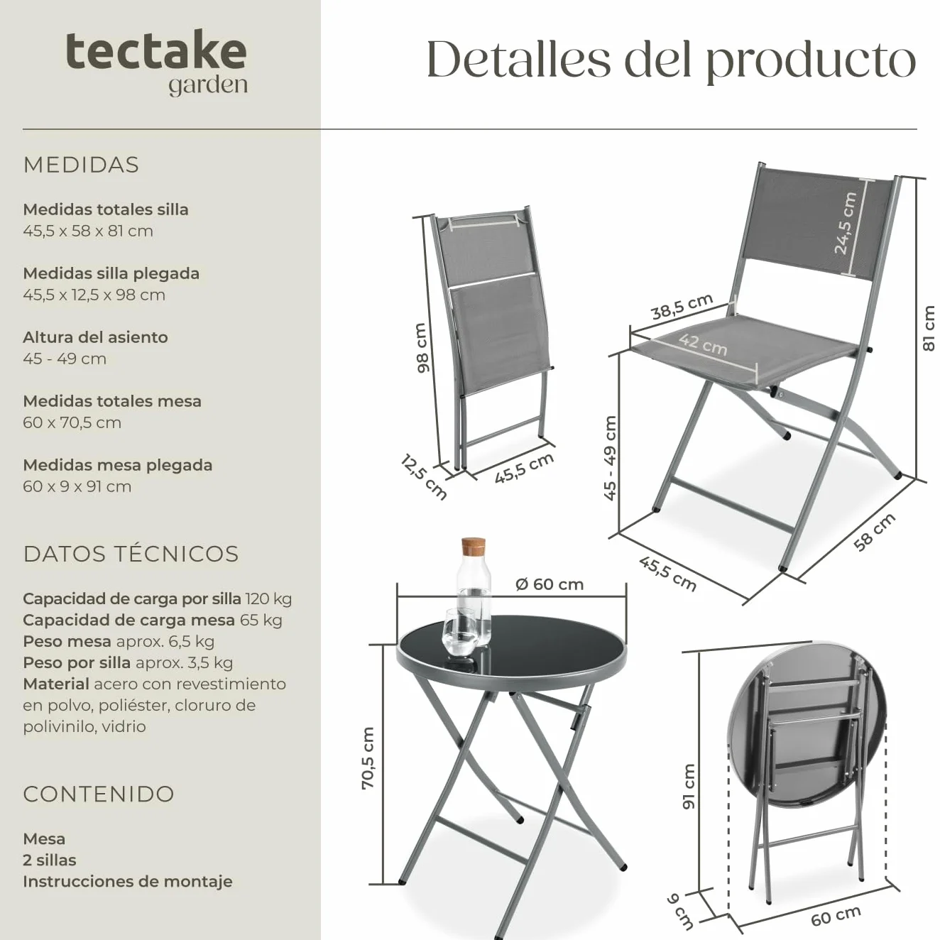 tectake Conjunto Muebles Jardín Exterior 3 Piezas Estructura Acero Gris