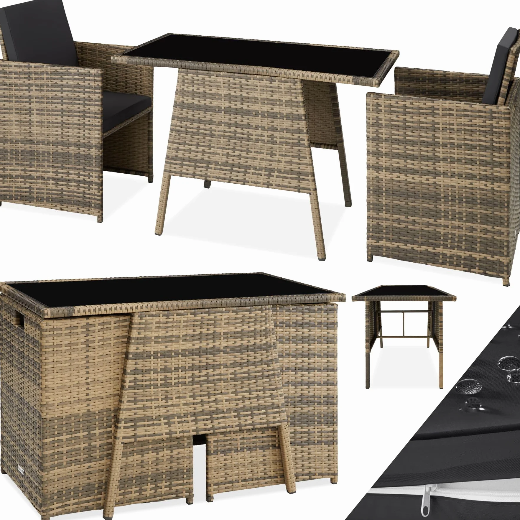 tectake Conjunto Jardín Exterior Ratán Aluminio 2 Sillas Cojines Mesa Cristal Apilable