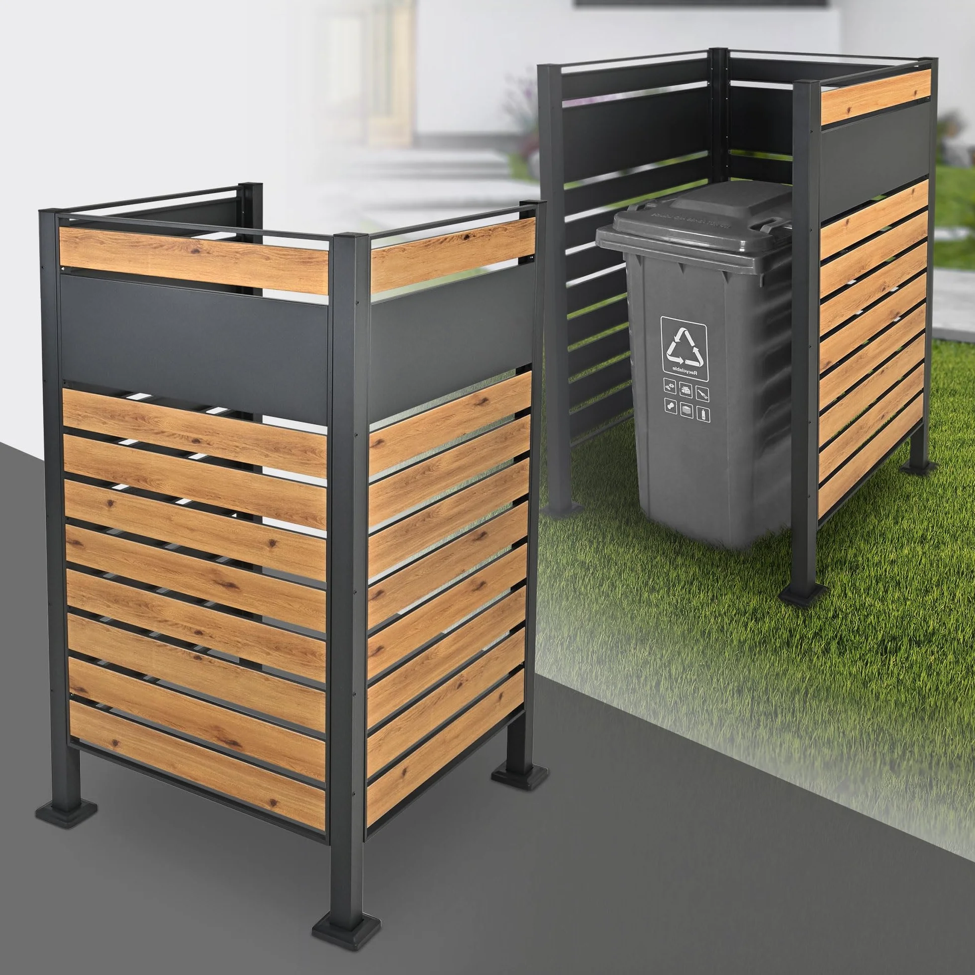 Recinto de Acero para Contenedores de Basura 150x91cm Antracita Efecto Madera Valla Jardín Exterior
