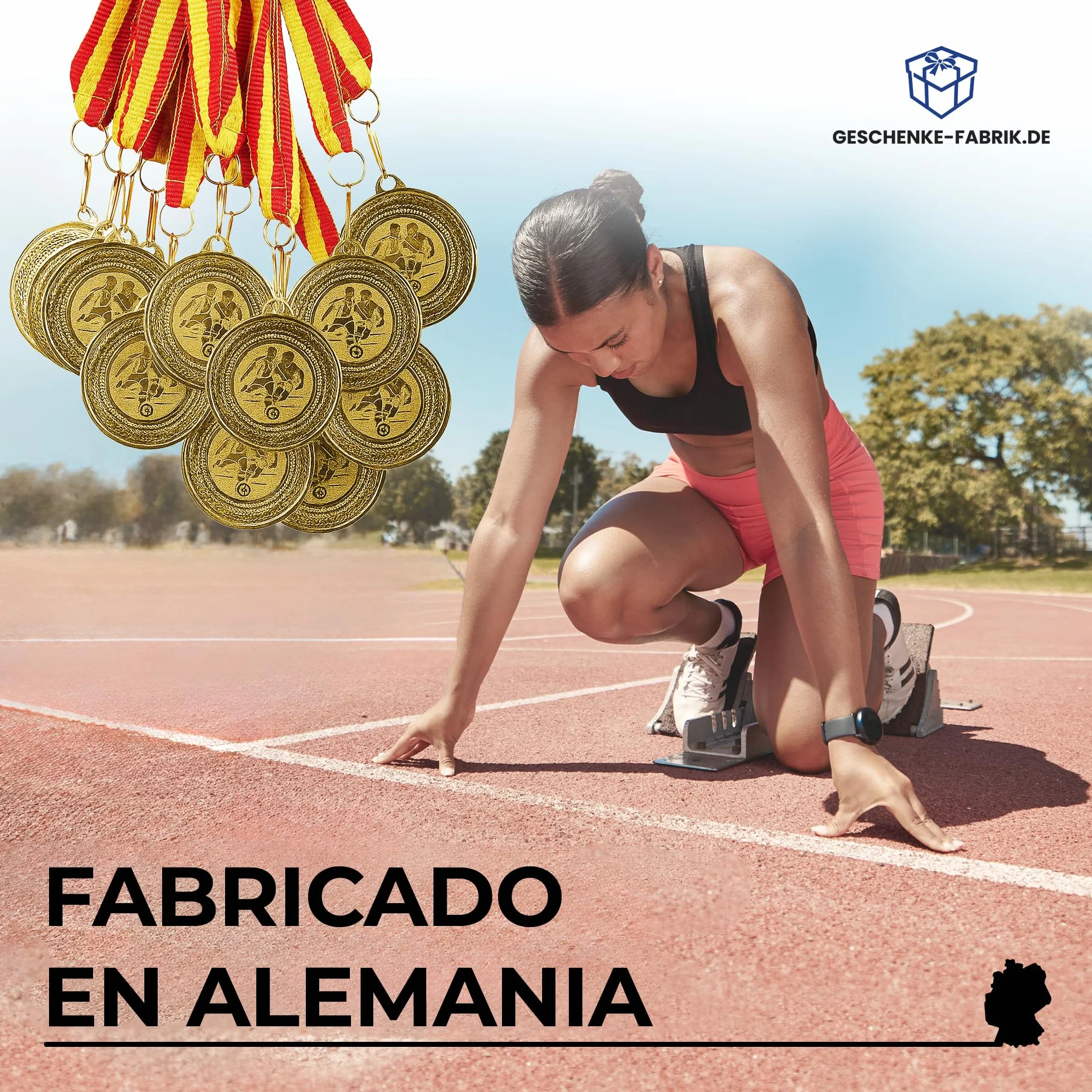 Pokal-Fabrik Juego de 10 Medallas de Fútbol Metal Dorado con Cinta Azul, Blanca y Roja