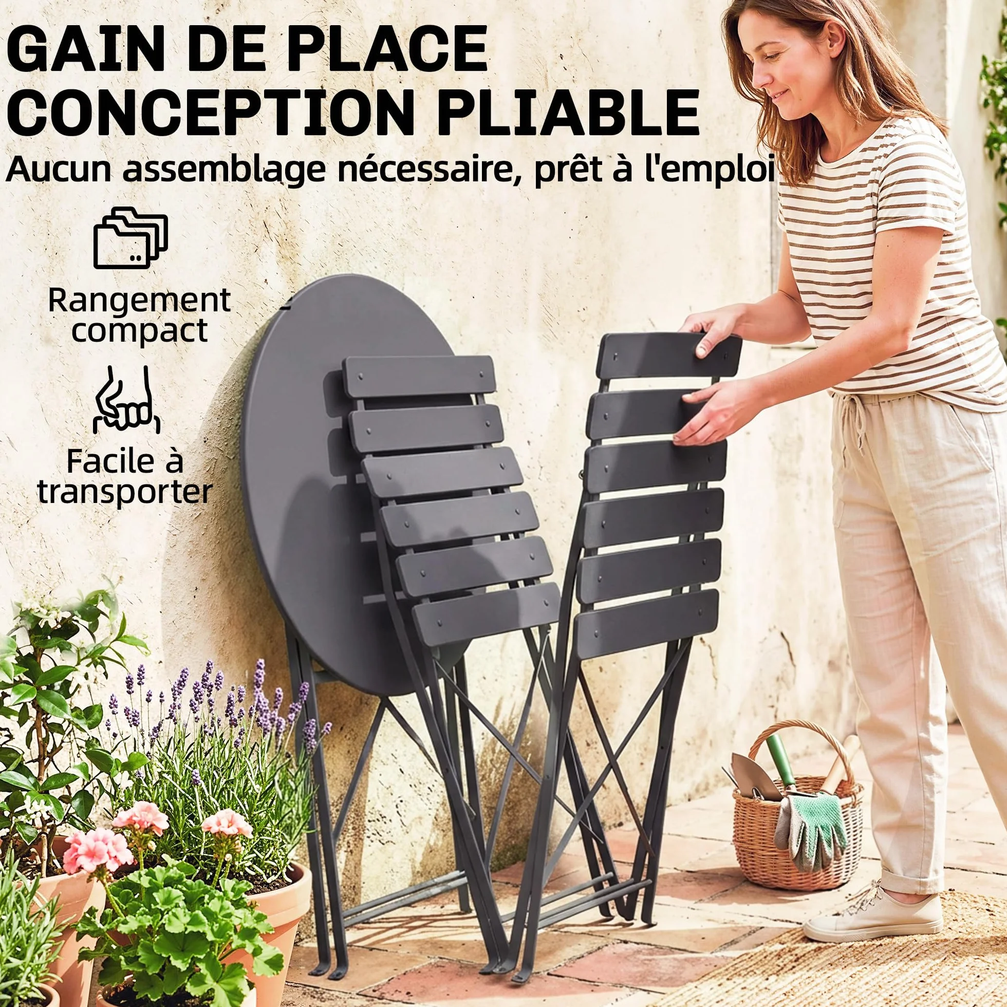 Outsunny Juego de bistró de jardín 3 piezas mesa 2 sillas plegables metal negro