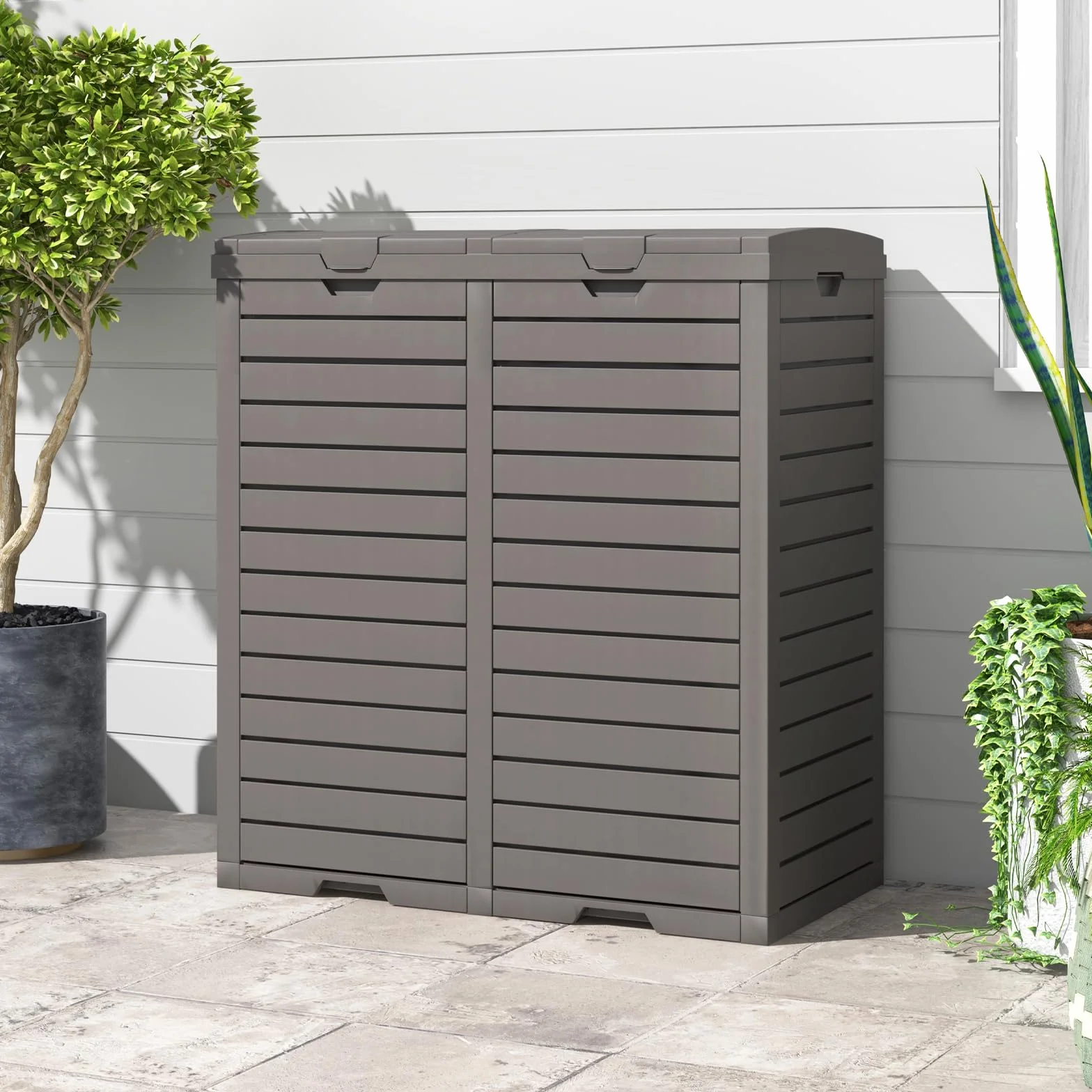 COSTWAY Cubo de Basura Exterior 118L Doble Impermeable con Tapa Escalonada 77x40x86 cm Marrón
