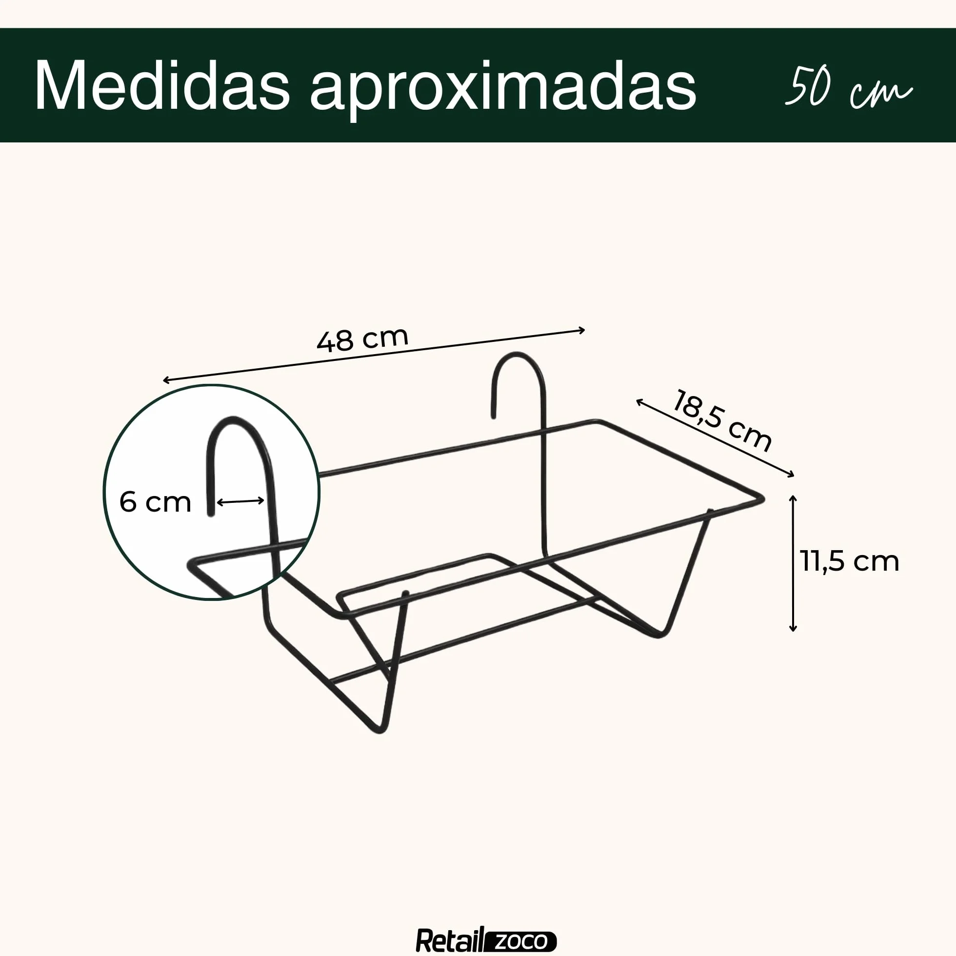 TECHZOCO Soporte Metal para Jardinera de Balcón Negro 50 cm