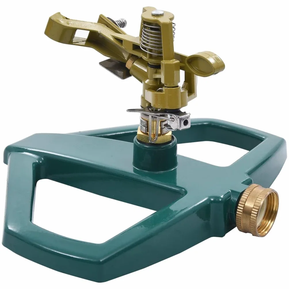 Aspersor giratorio de metal verde con base robusta 21 × 22 × 13 cm, 450 m² de aspersión, compatible con mangueras estándar, ideal para jardín, césped, parterres y cuidado de plantas