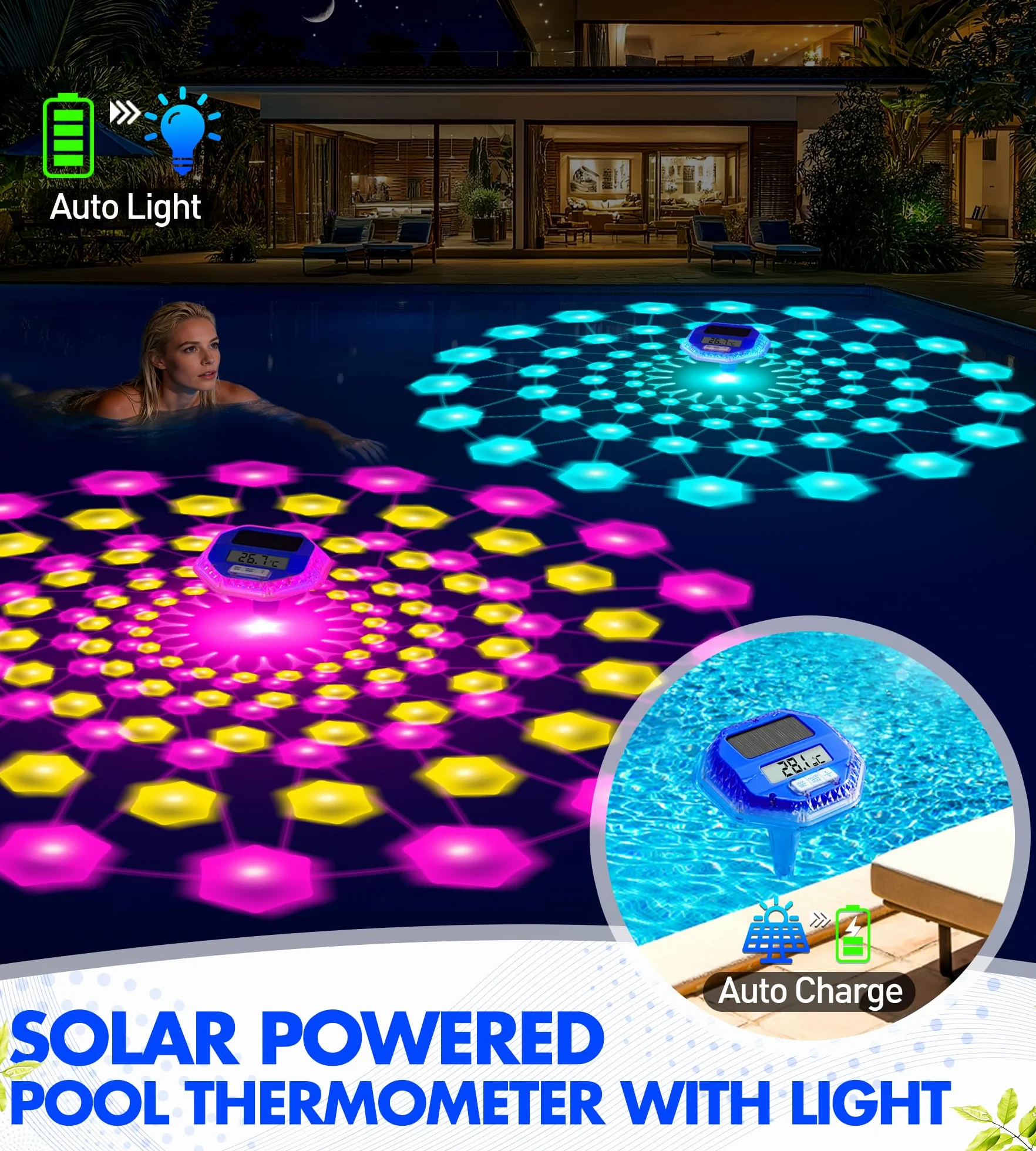 LuxBlue Termómetro Piscina Flotante IP68, Pantalla LCD, Luz Subacuática