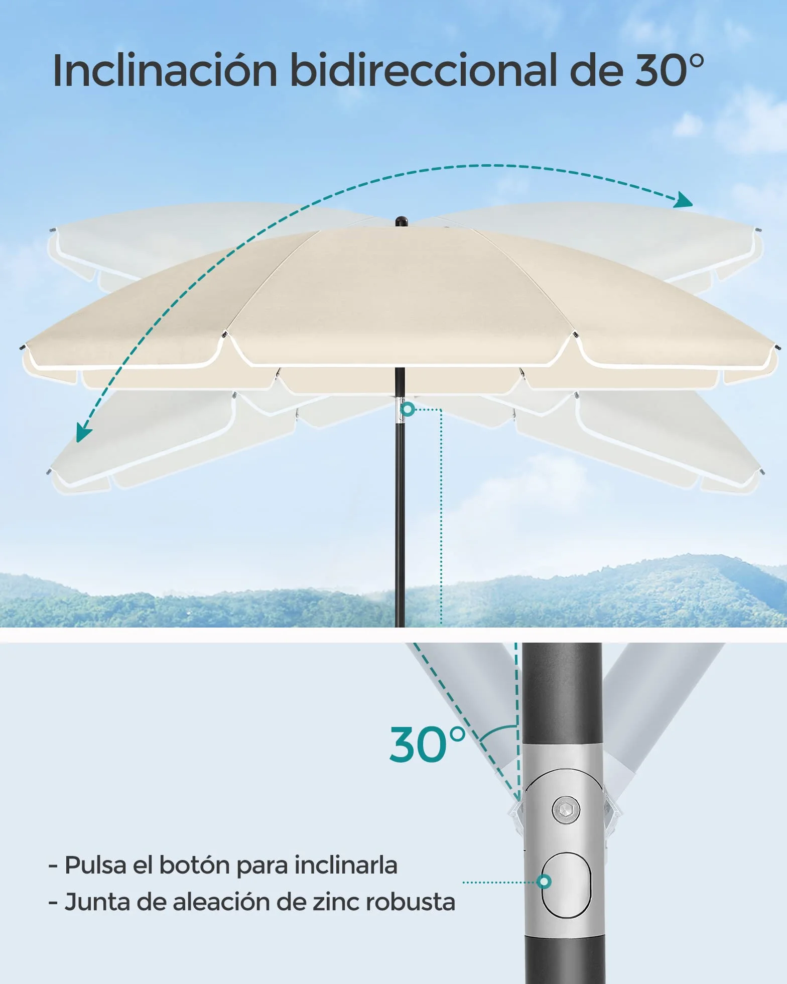 SONGMICS Sombrilla 200 cm UPF 50+ Inclinación Bidireccional 30° Altura Ajustable con Bolsa