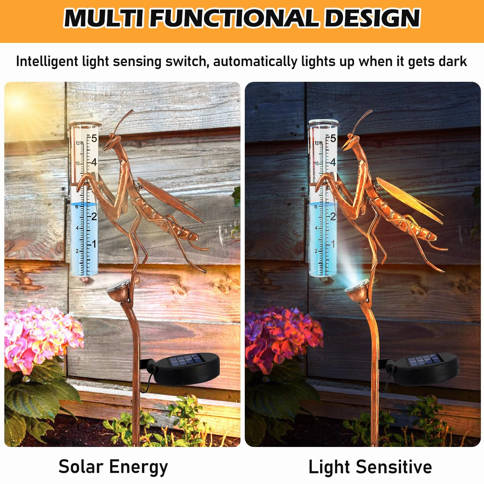 PORFOYO Pluviómetro de jardín resistente a las heladas IP55 varilla 61 cm lámpara solar decorativa