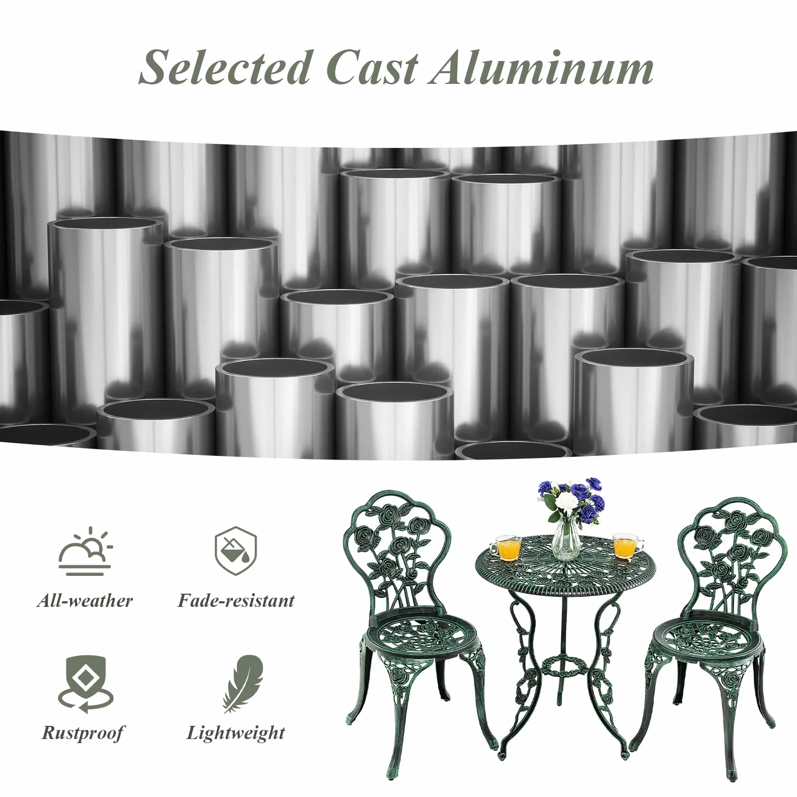 KOMFOTTEU Juego de Muebles de Jardín 3 Piezas, Mesa y 2 Sillas de Aluminio Fundido, Conjunto Bistró con Agujero Sombrilla, Diseño Rosas, Verde Bronce
